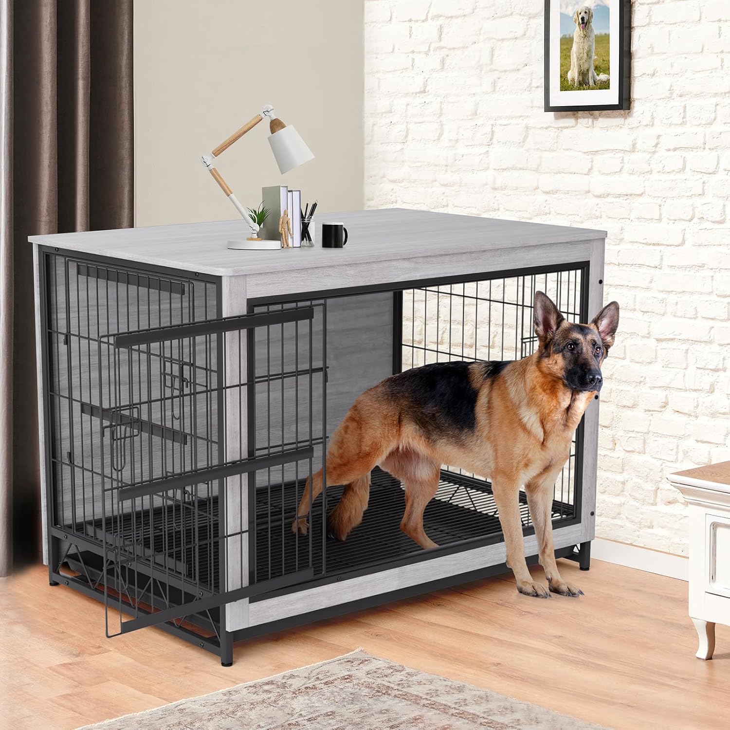TLSUNNY Dog Crate Furniture, 44.1" Wooden Dog Kennel Indoor with 2 Doors, Heavy-Duty Dog Cage with Removable Tray, End Side Table, Modern Dog House for Large/Medium/Small Dogs, Grey