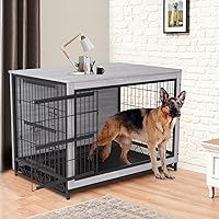 Vista 8 de TLSUNNY Muebles de jaula para perros, 44.1 pulgadas de madera para interiores con 2 puertas, jaula resistente con bandeja extraíble, mesa auxiliar