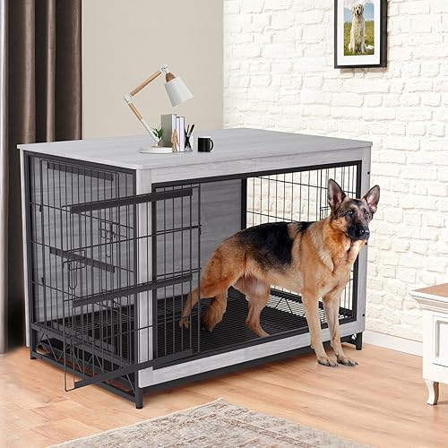 Miniatura 8 de TLSUNNY Muebles de jaula para perros, mesa de madera de 44.1 pulgadas, perrera de interior con 2 puertas, moderna jaula para perros con bandeja