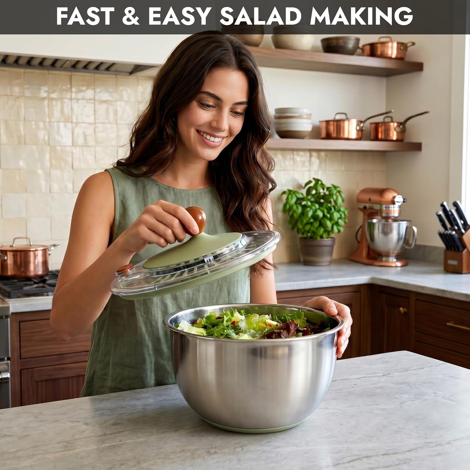 SSKT Stainless Steel Salad Spinner, 5.3 QT Large Salad Spinner with Push Button Brake, BPA-Free Lettuce Spinner & Vegetable Spinner, Fruit Washer Spinner Bowl, Non-Slip Base, Dishwasher Safe