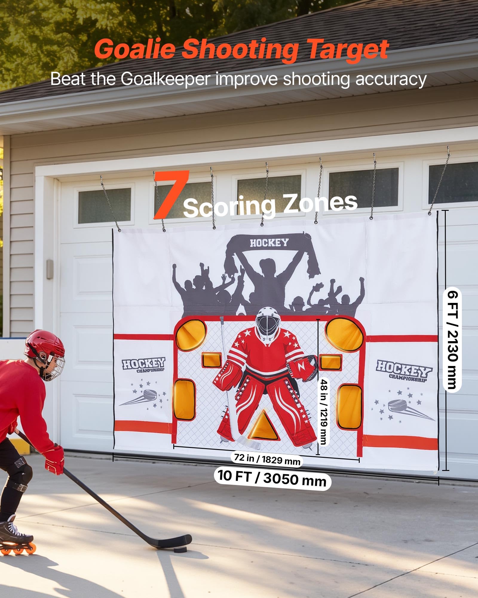 VEVOR Attrezzatura per Hockey Bersaglio Tiro Portiere per Tiratore 7 Fori, Rete Bersaglio per Allenamento Precisione di Tiro di Hockey su Ghiaccio, Rete in Tessuto Oxford 600 D, 3050 x 2130 mm