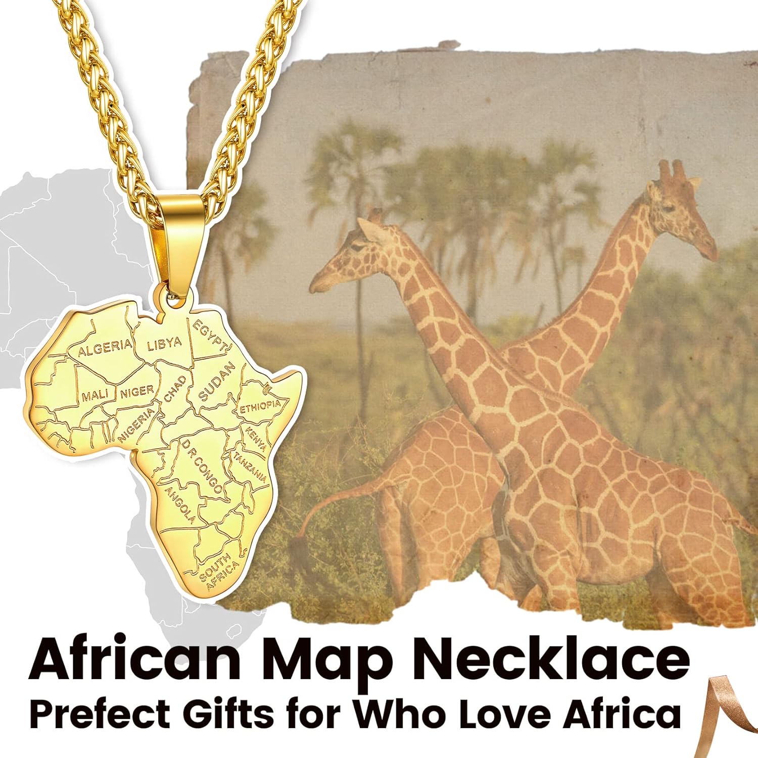 GOLDCHIC JEWELRY Africa Map Necklace for Men, Stainless Steel African Tribal/Egyptian Eye of Horus/I LOVE AFRICA/Elephant Map Hiphop Jewelry Unisex with 22'+2'Adjustable Chain - Image 2
