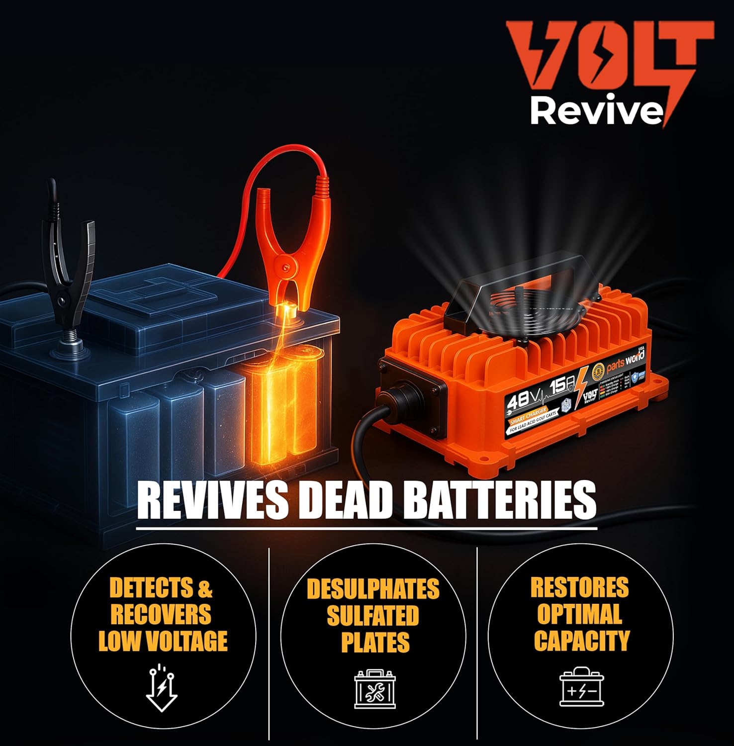 VoltRevive™ 48V 15A Lead-Acid Golf Cart Charger for Club Car DS, Precedent with 3 Pin Round Plug | Fast Charging with TrickleFlow™ | IP67 Waterproof
