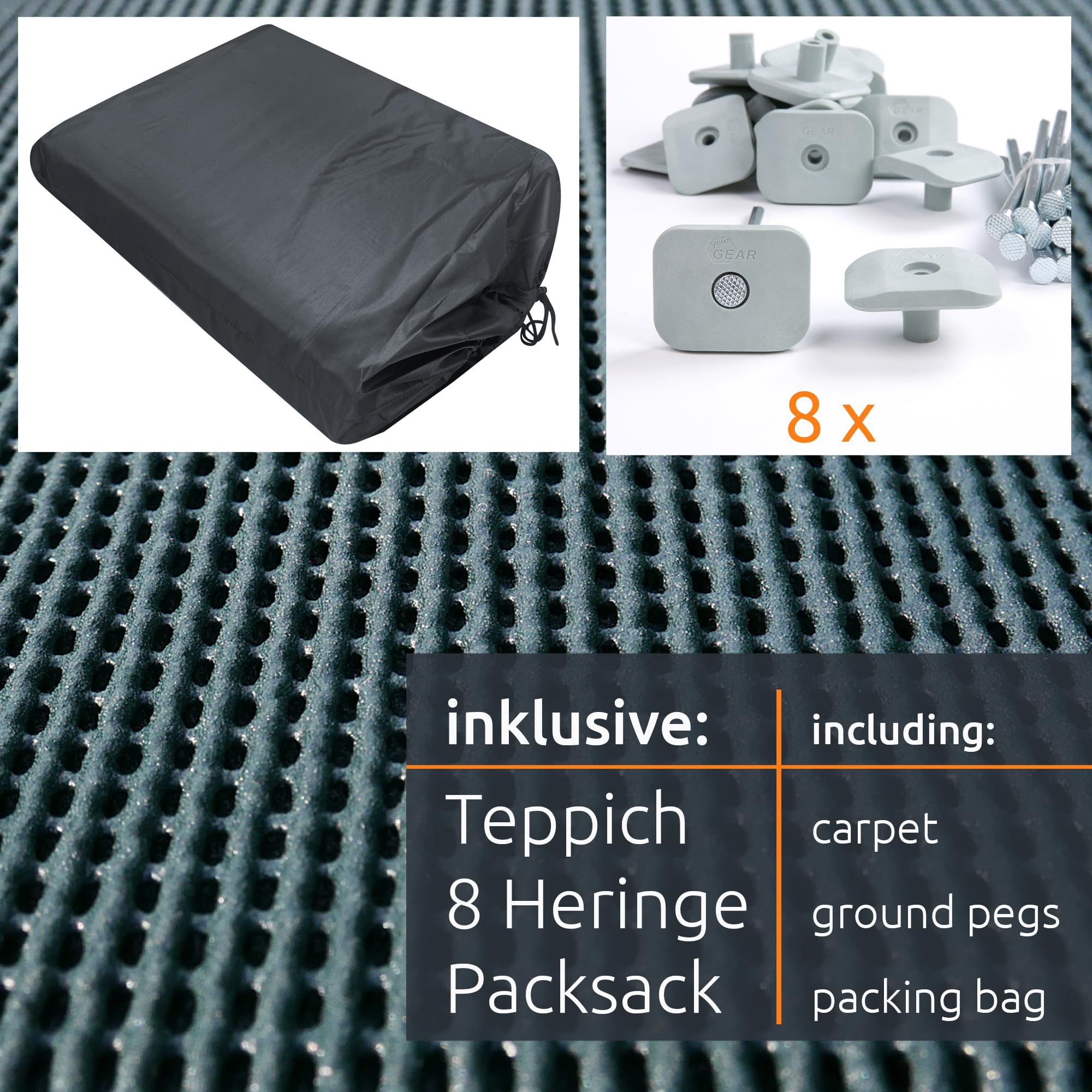 your GEAR Tapis doux d'extérieur - 8 tailles de 200 x 300 à 300 x 600 cm - Tapis d'auvent doux - Tapis de tente - Tapis de camping avec clips, piquets et sac de transport - Découpable - 3 x 6 cm