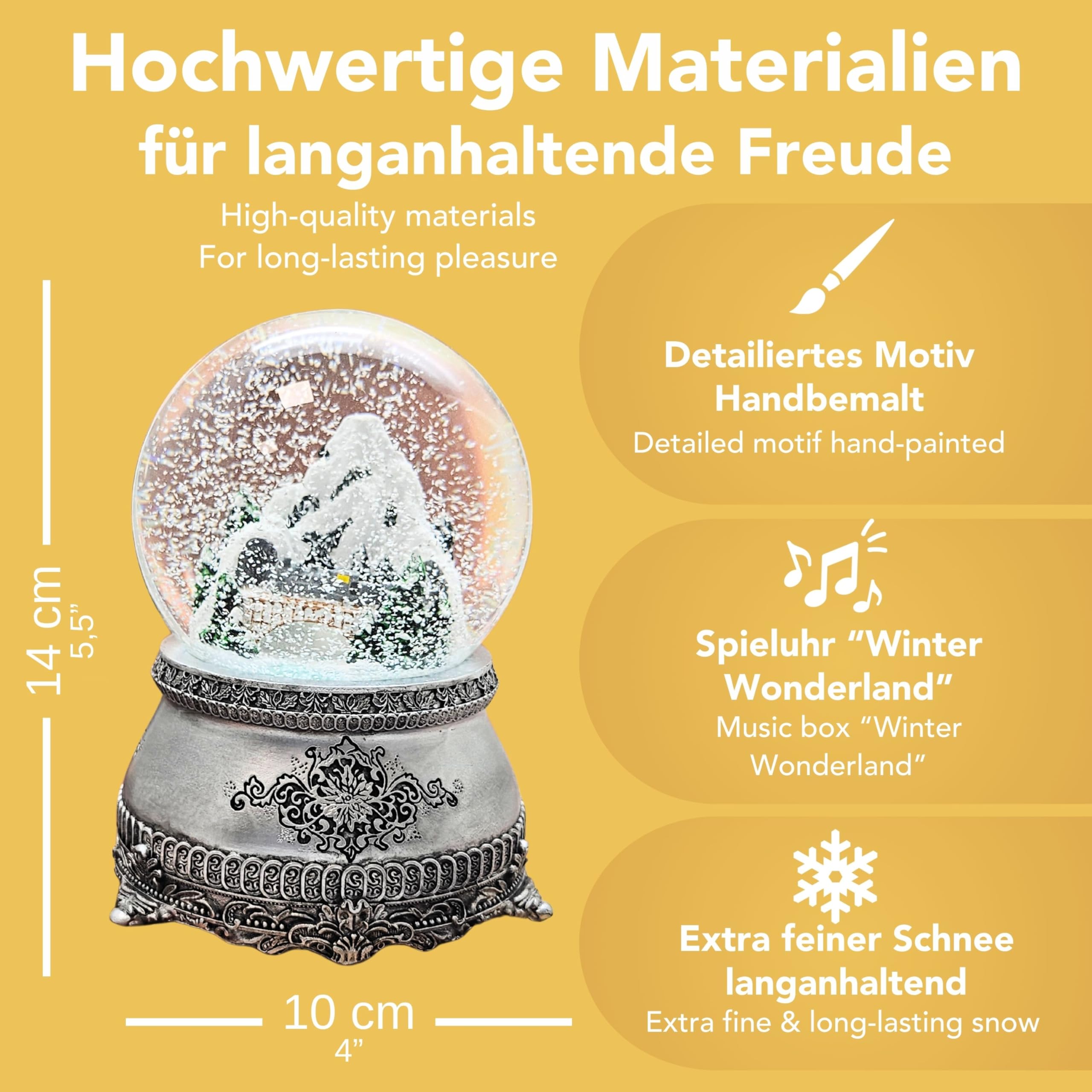 Schneekugel Berglandschaft mit Brücke | Sockel Zinnoptik Ornamente | mit Spieluhr | Schüttelkugel Weihnachtsdekoration | B: 10 cm H: 14 cm | 20255