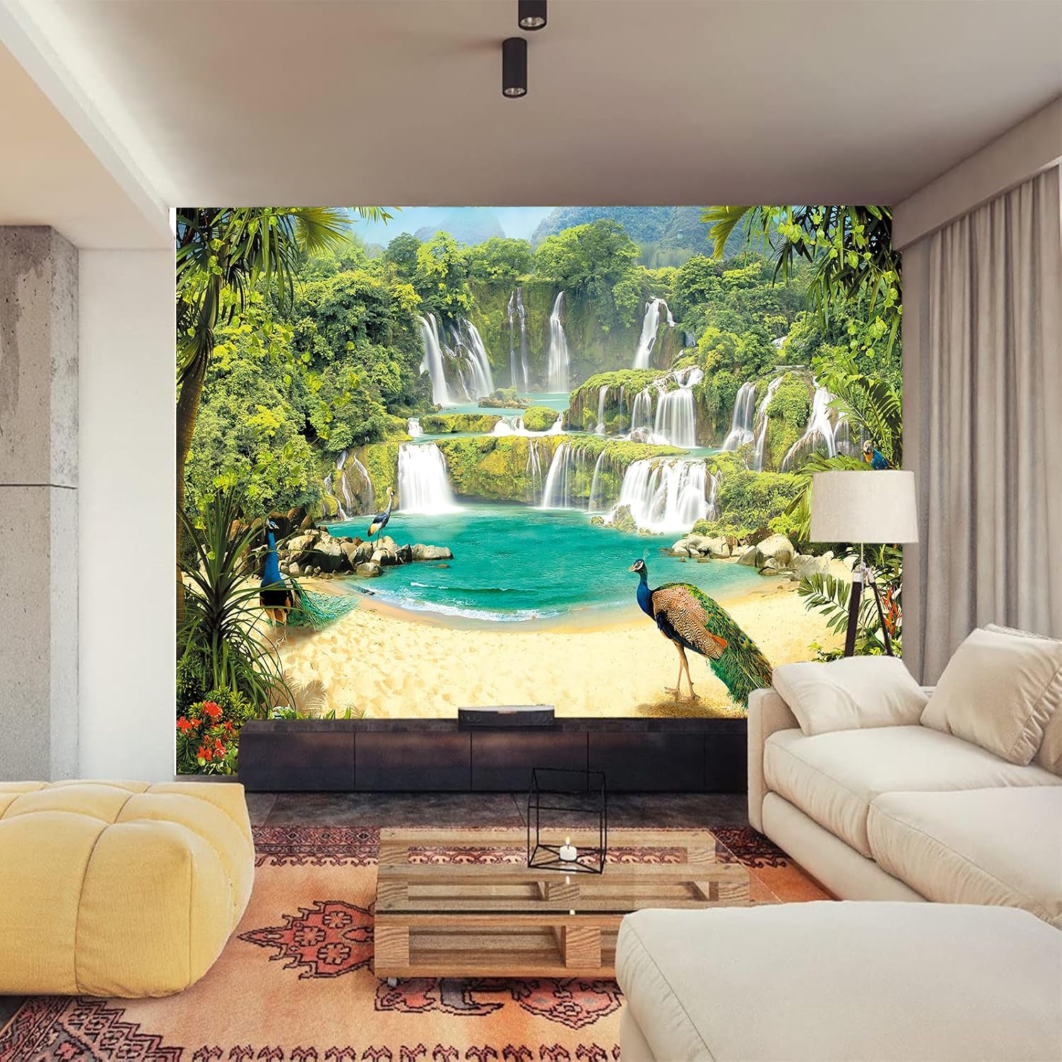 FLFK Peacock Waterfall Landscape Self-Adhesive Wallpaper 141.7"x98.4"- Wall Mural Peel and Stick Large Poster Painting for Bedroom Living Room Decor