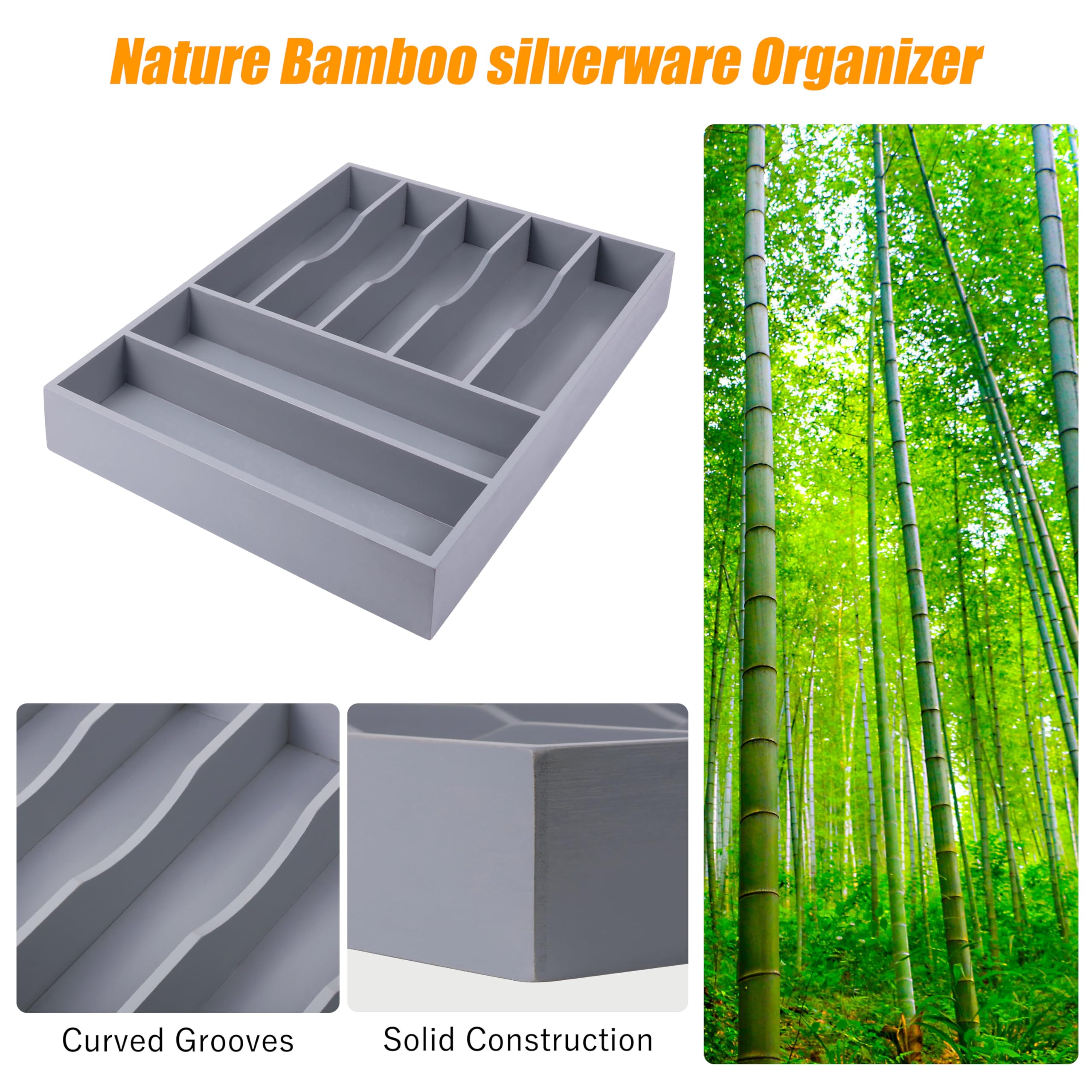 Bellsal Organizer per cassetti in bambù, portaposate con divisori scanalati, per posate, camera da letto, ufficio (7 scomparti, grigio)