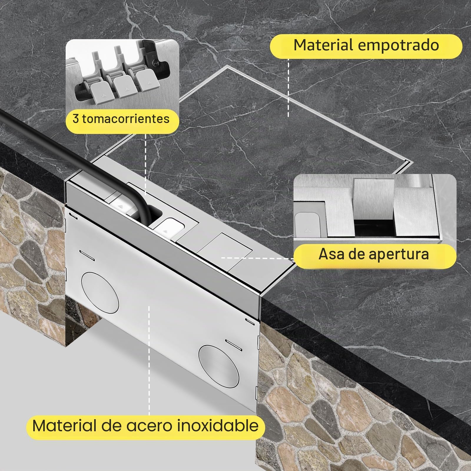 Caja de enchufes empotrada de suelo, 16 A, 4000 W, acero inoxidable, impermeable, tomas de corriente de 2 vías, UE, juego de tomas de corriente retráctiles para cocina, salón, oficina y hotel
