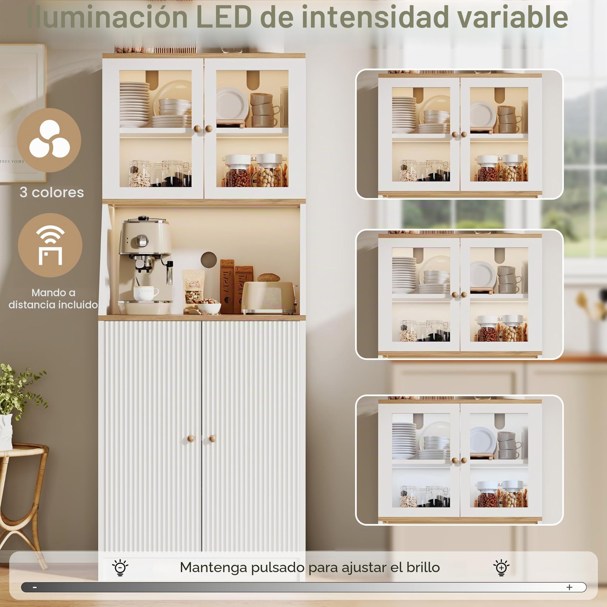 Aparador Alto de Cocina con LED, Armario de cocinaAlto con encimera, Armario de Cocina con estantes Ajustables y armarios gabinetes, aparadores Comedor, Vitrina para Comedor(Blanco)