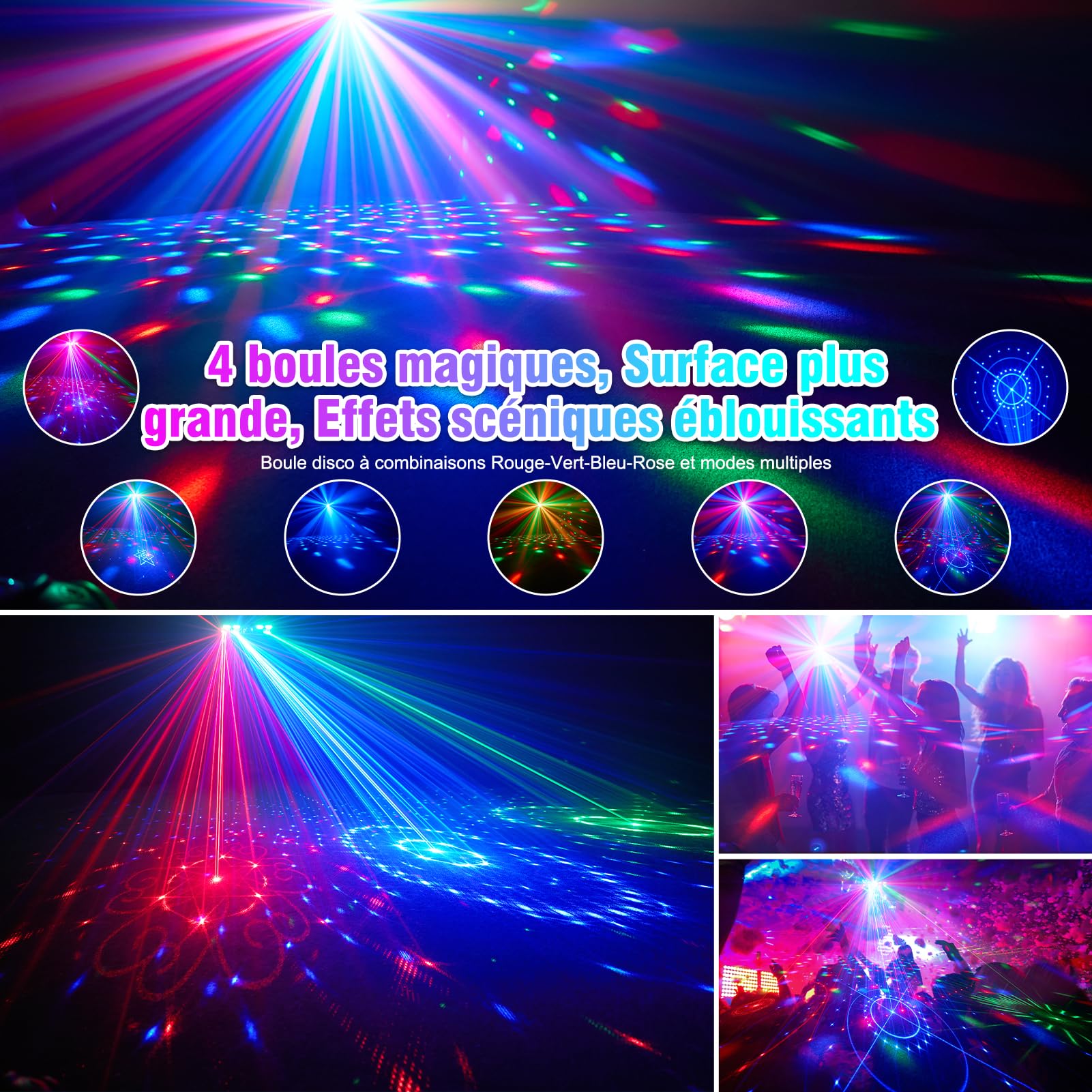 Fwiull 6-en-1 Jeux de Lumière Soiree Professionnel avec Télécommande, Effets RGB UV avec Stroboscope Doré, Contrôle DMX et Sonore, Lampe de Scène pour Fête, DJ, Club, Halloween, Noël