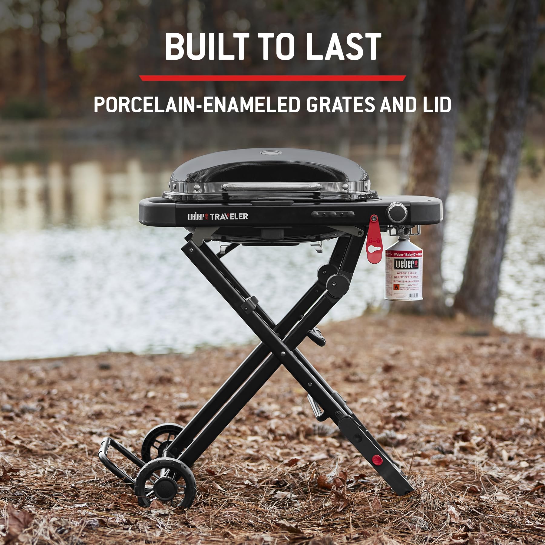 Weber Traveler Compact Gasgrill mit klappbarem Untergestell und Rädern