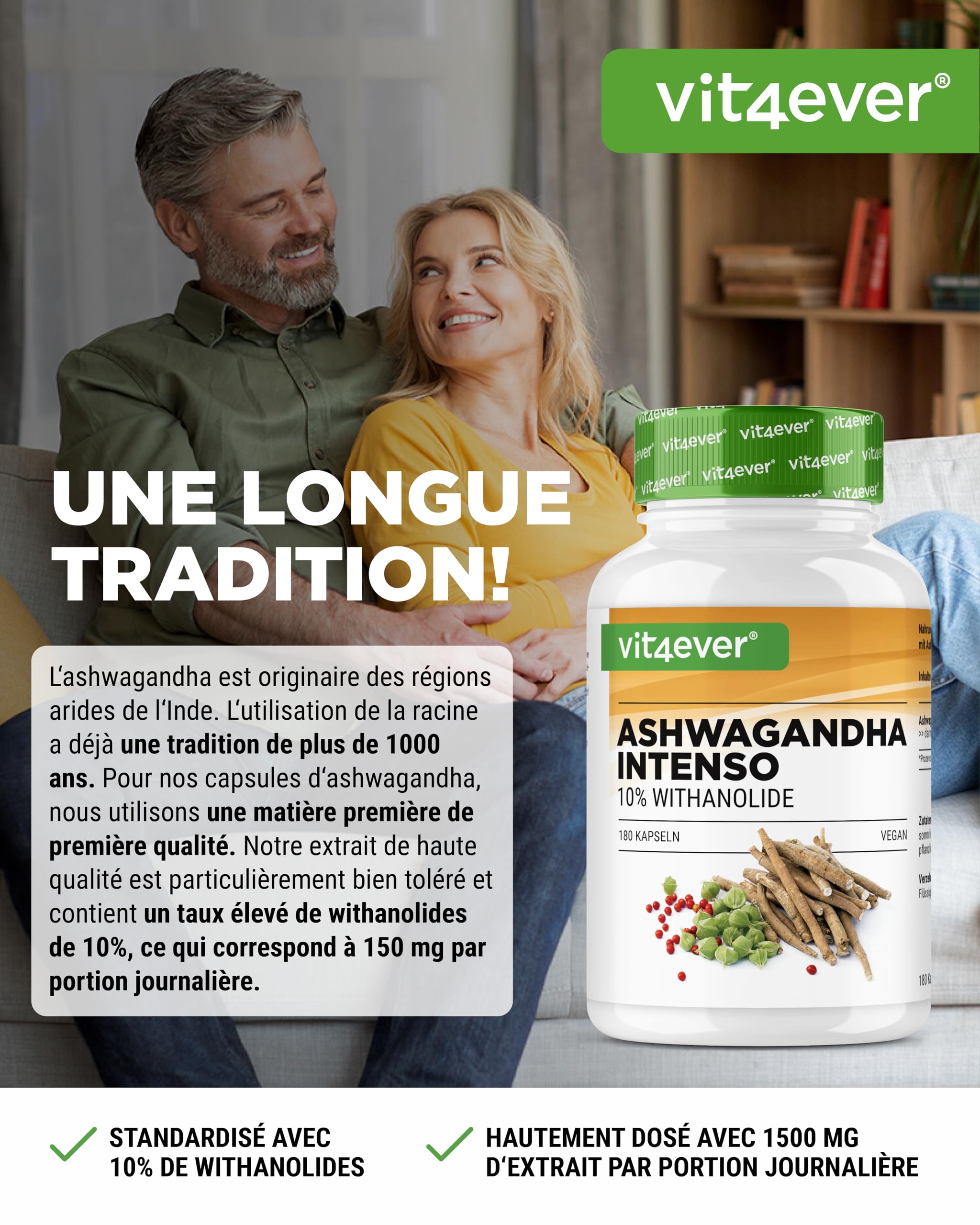 Extrait d’Ashwagandha – 180 Capsules contenant chacune 750 mg d’Extrait pur de Racine et 10% de Withanolides – Haute Pureté – Végan – Hautement Dosé – Qualité Premium