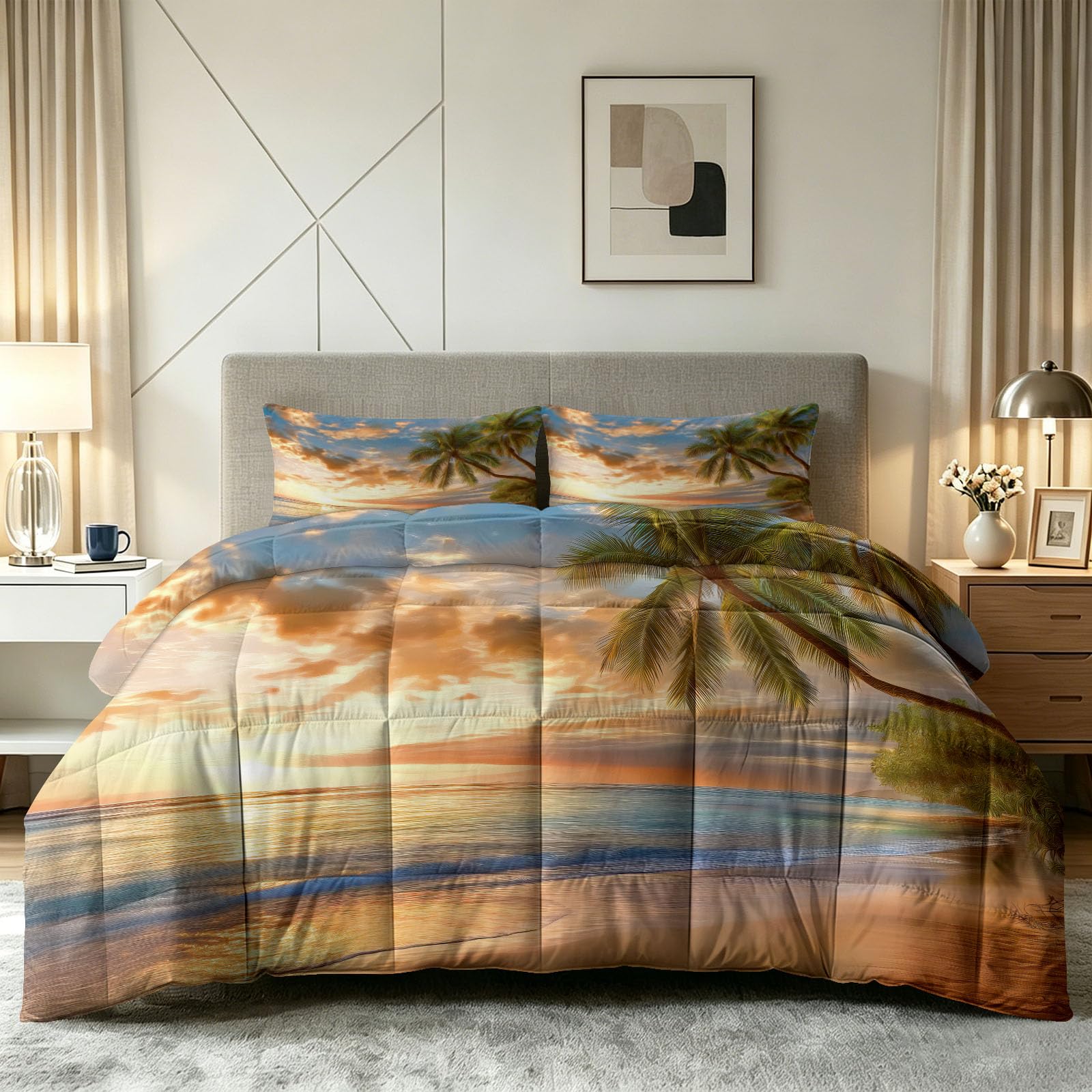 Générique Isola Acquerello Crepuscolo Piumone Spiaggia Tramonto Palme Trapunta Senza Fodera 140 x 200 cm 4 Stagioni Cooling, Trapuntato Morbido, Lavabile con 2 federe