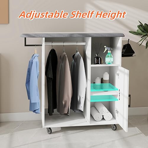 Miniatura 4 de Tabla de planchar rodante con gabinete de almacenamiento, armario de planchar con rueda, estación de planchado con estante de hierro, tabla de