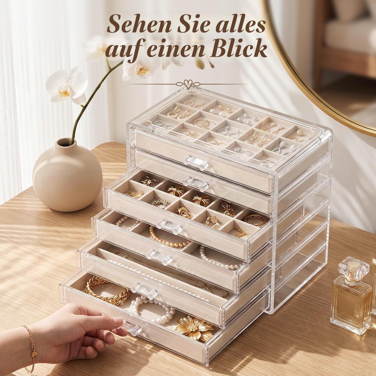 Acryl Schmuckaufbewahrung Schmuck Organizer Schmuckkasten mit 4 Schubladen für Ohrringe, Ringe, Armbänder (Warmweiß)