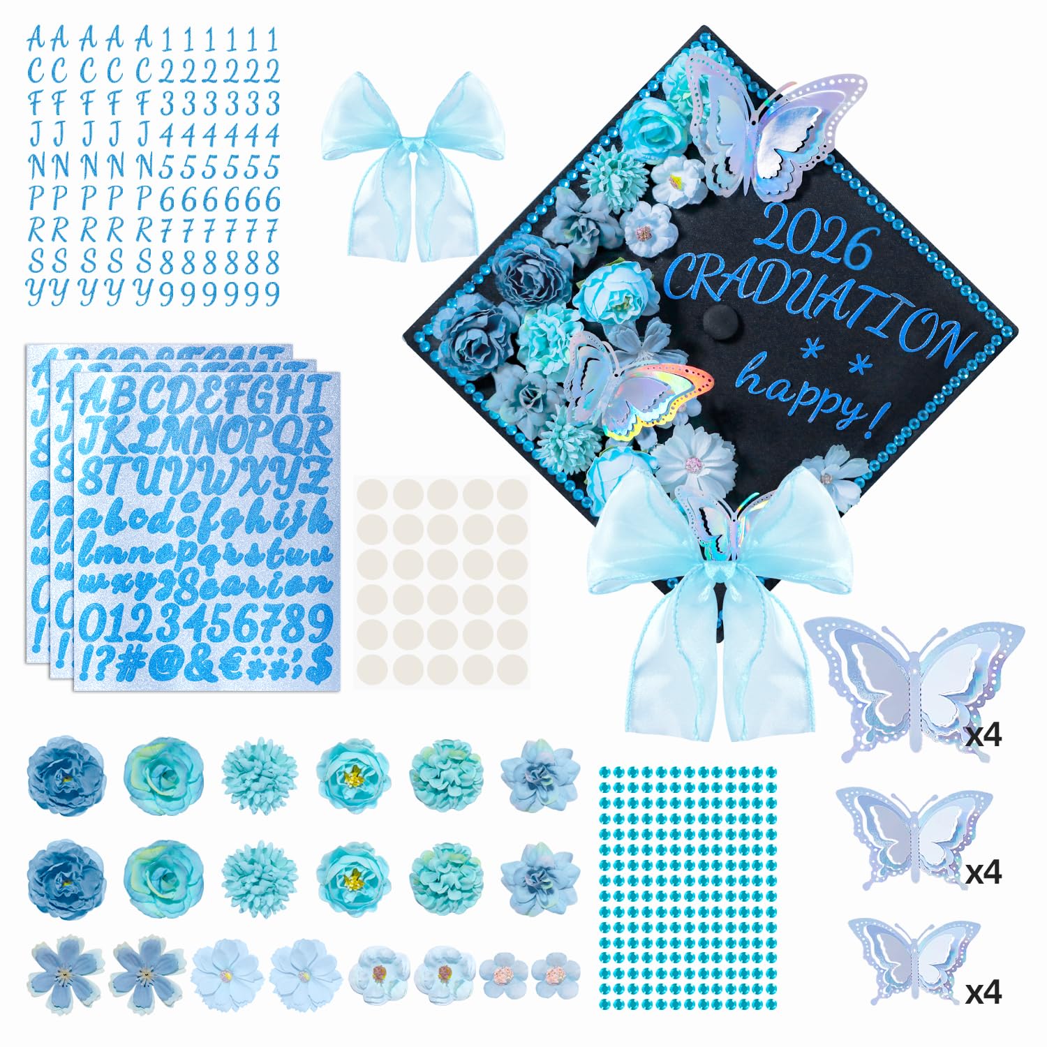 Photo 1 of 39Pcs Graduation Cap Decorations Kit Blue Artificial Flowers 3D Butterfly Stickers Blue Satin Bow Glitter Rhinestones Alphabet Letter Number Stickers for 2026 Graduation Party Supplies