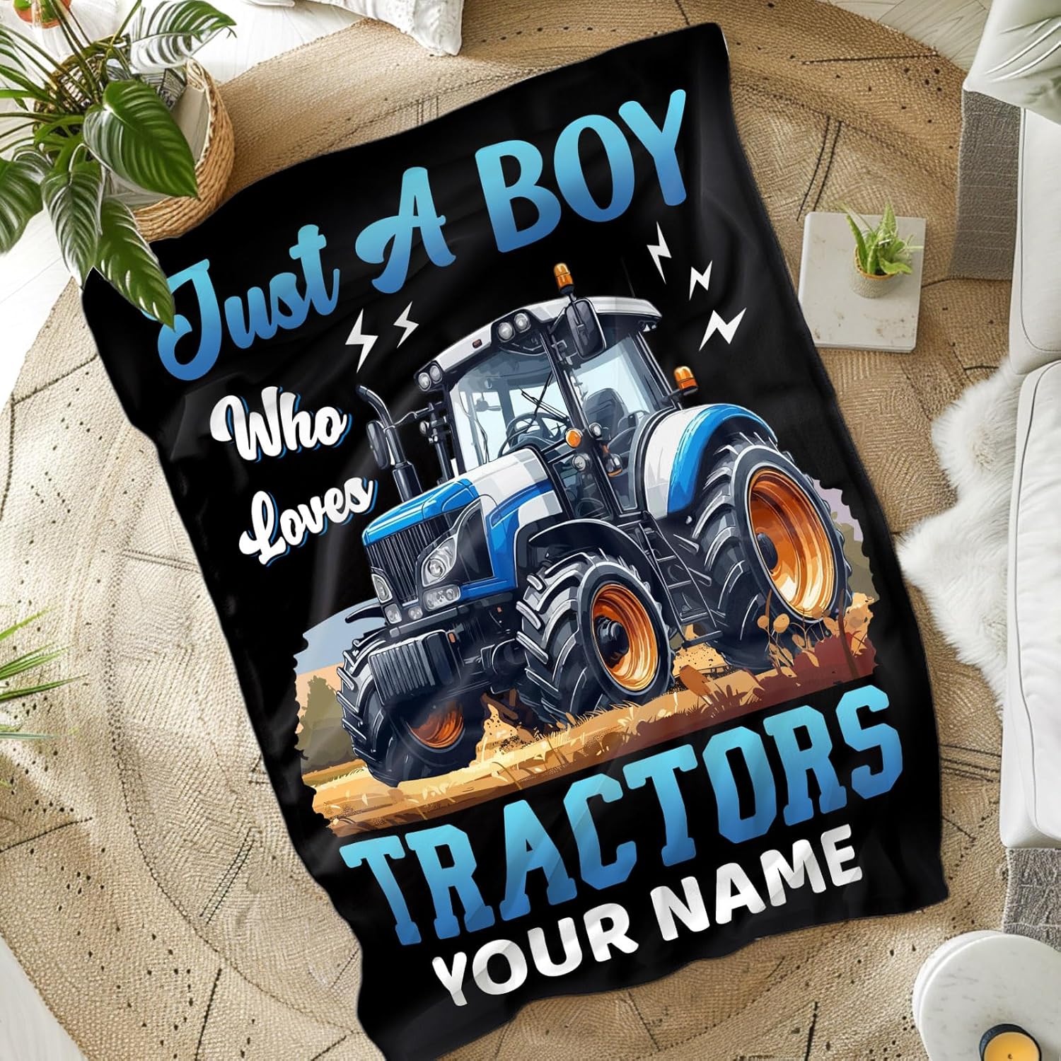Custom Kids Blanket, Name Blanket, 80 x 60 Inches Tractor Blanket for Kids, Just A Boy Who Loves Tractors, Lightweight Flannel Throw Blanket Gift, Soft Black Truck Throws for Couch Bed Office