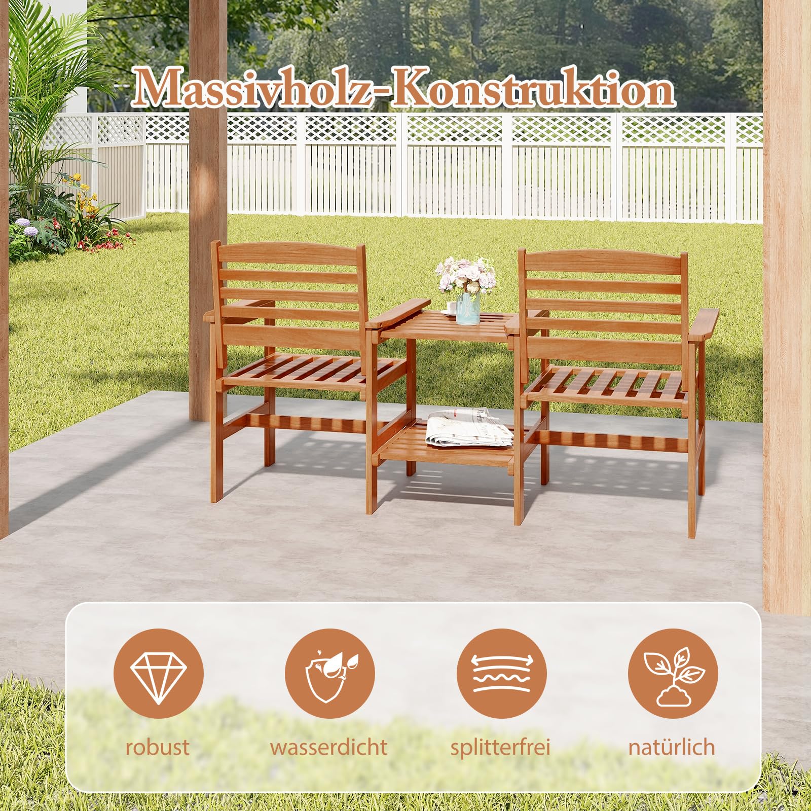 GOPLUS Gartenbank mit Tisch, 2-Sitzer Holzbank mit Schirmloch, Balkonbank aus Hartholz, Sitzbank Outdoor Sitzgarnitur, für Balkon, Garten & Veranda, 159,5 x 61,5 x 88 cm
