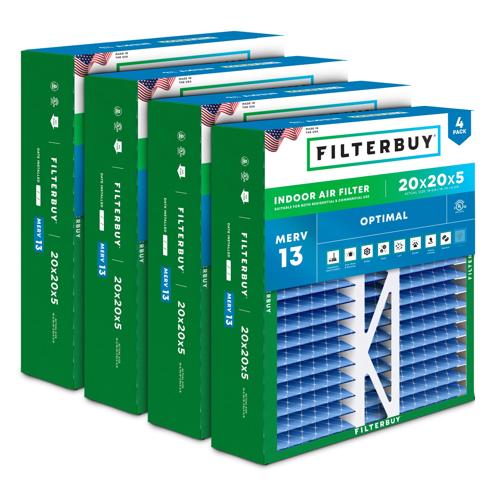 Filterbuy 20x20x5 Air Filter MERV 13 Optimal Defense (4-Pack), Pleated HVAC AC Furnace Air Filters Replacement for Honeywell FC100A1011, Lennox X0585 & More (Actual Size: 19.63 x 19.88 x 4.38 Inches)