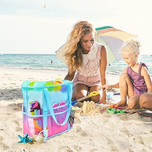 Miniatura 3 de Bolsa de playa de malla, bolsa de playa grande para niñas y mujeres, bolsas de natación para piscina con cremallera, 10 bolsillos, bolsa de playa