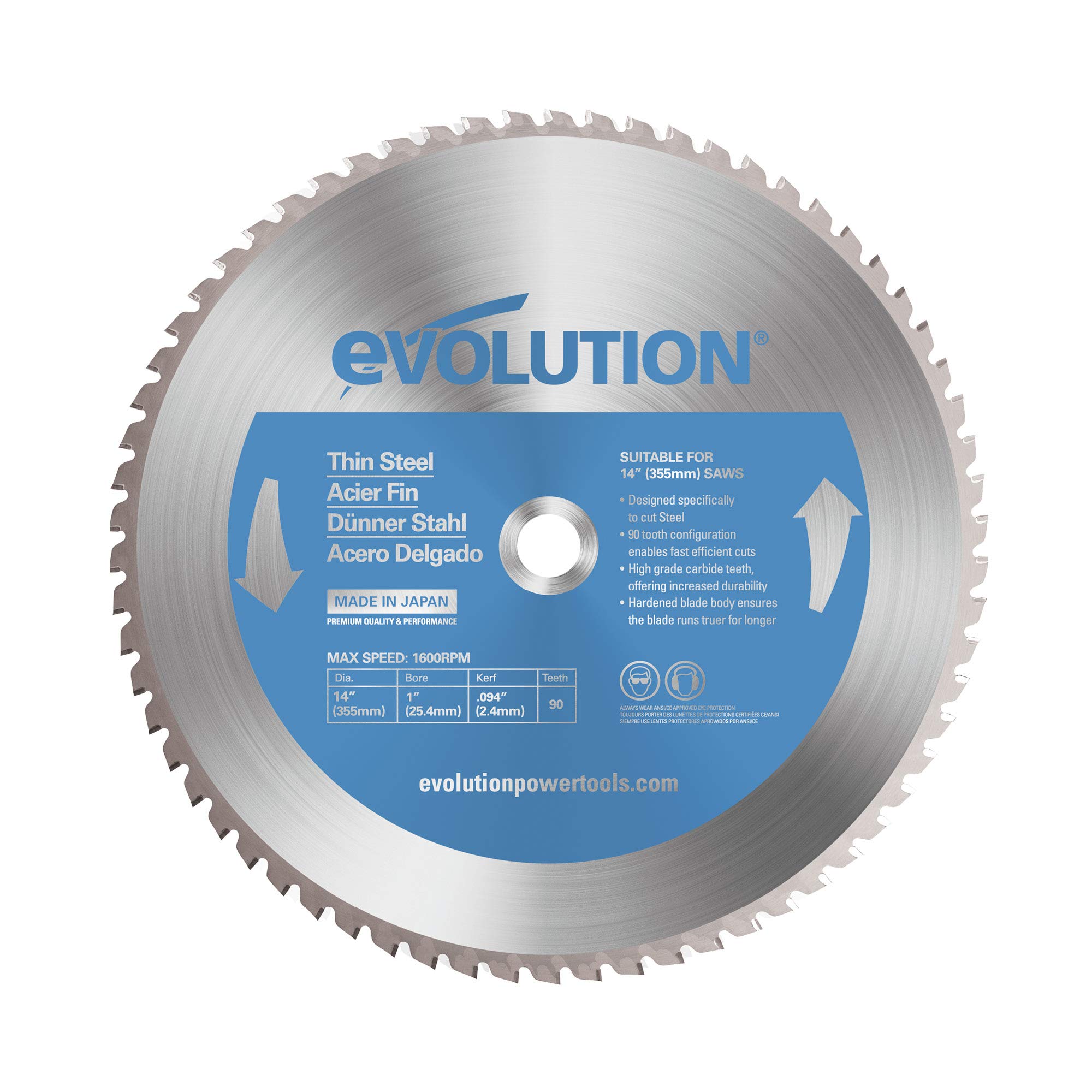 Evolution 14BLADETS 14" 90T Thin Steel Blade TCT Saw Blade for Evolution S14CPS, S15CPS, S355MCS, S355CPSL, S380CPS, EVOSAW380 1" Arbor Max 1600 RPM