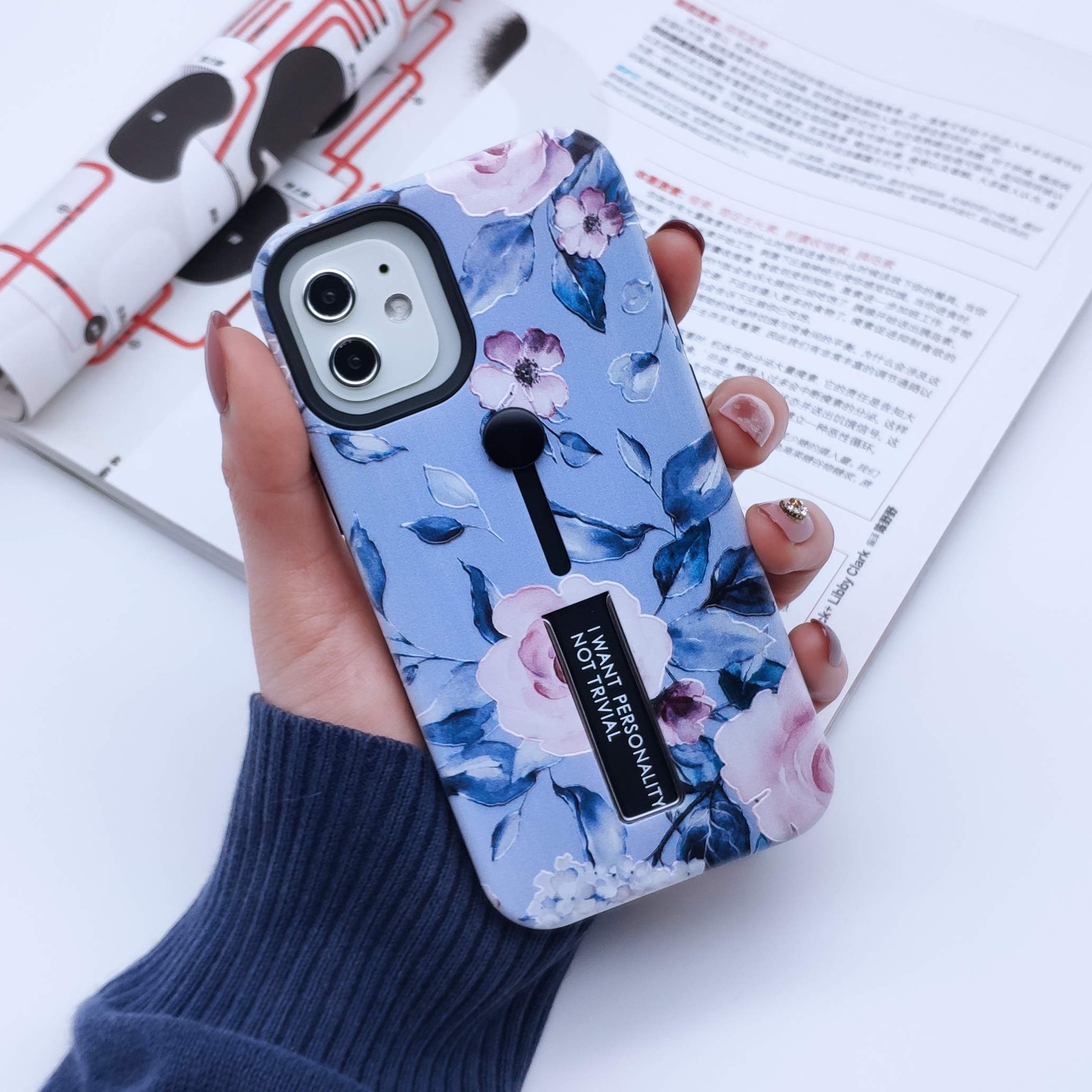 MADINCNCompatible with iPhone 12 Mini Case Finger Grip,3D Embossed Pink Flowers Blue Shell Design, Rugged Shockproof Slim Fit Dual Layer Finger Ring Loop Strap Case (Blue)