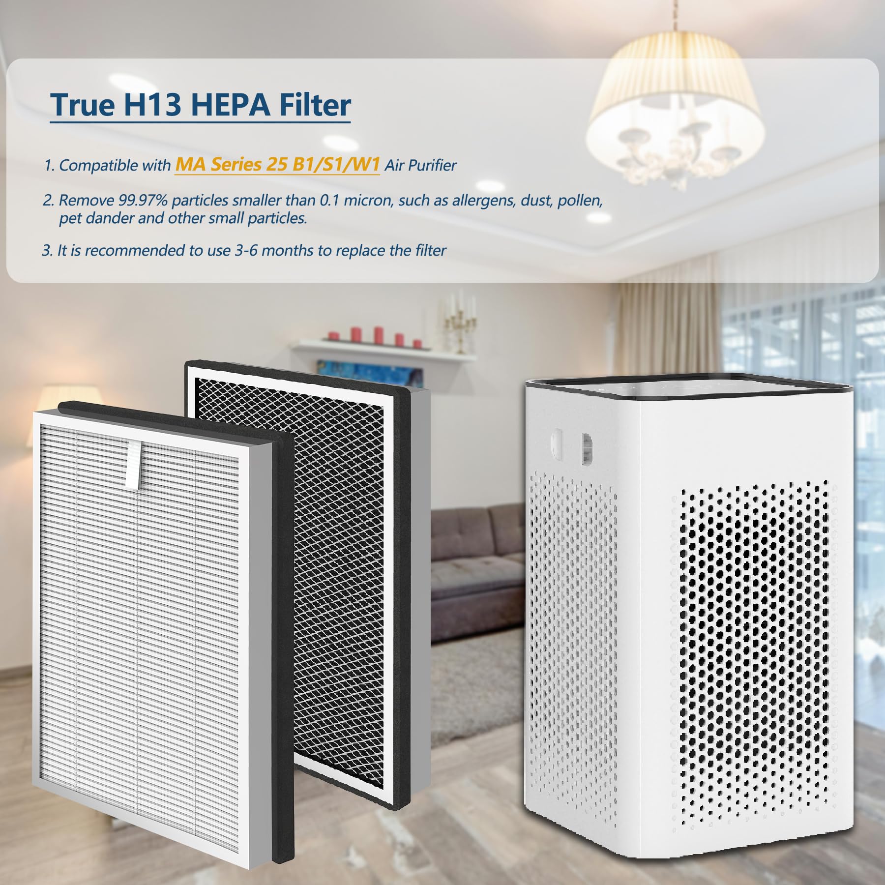 Paquete de 8 filtros de repuesto MA-25 compatibles con purificador de aire MA-25 B1/S1/W1, 3 en 1 True Hepa y filtro de carbón activado