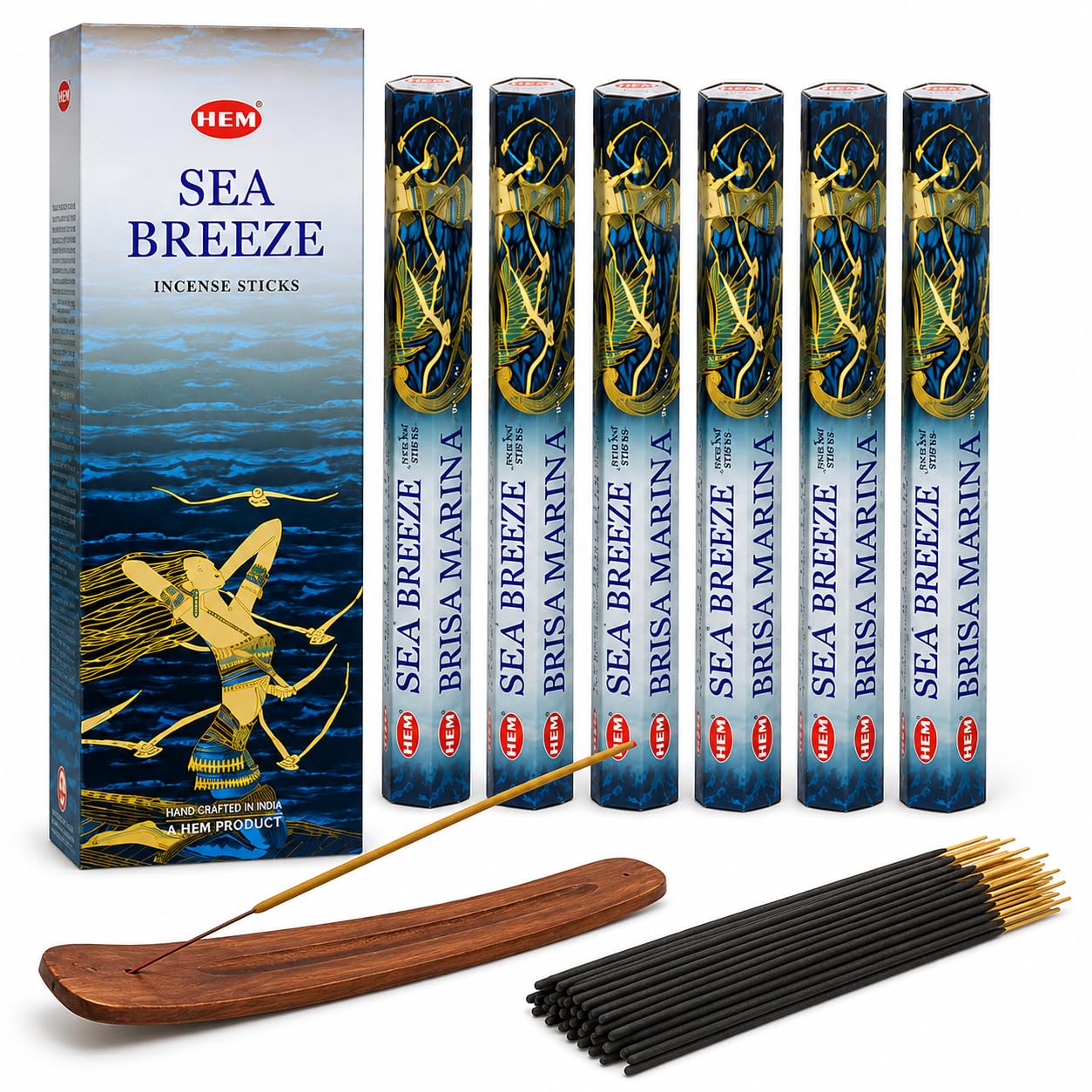 HEM Sea Breeze Incense Sticks Pack of 6 with JRose Wooden Incense Holder – 120 Incense Sticks Total – Fresh Ocean Inspired Home Fragrance for Relaxation Meditation Yoga and Everyday Use