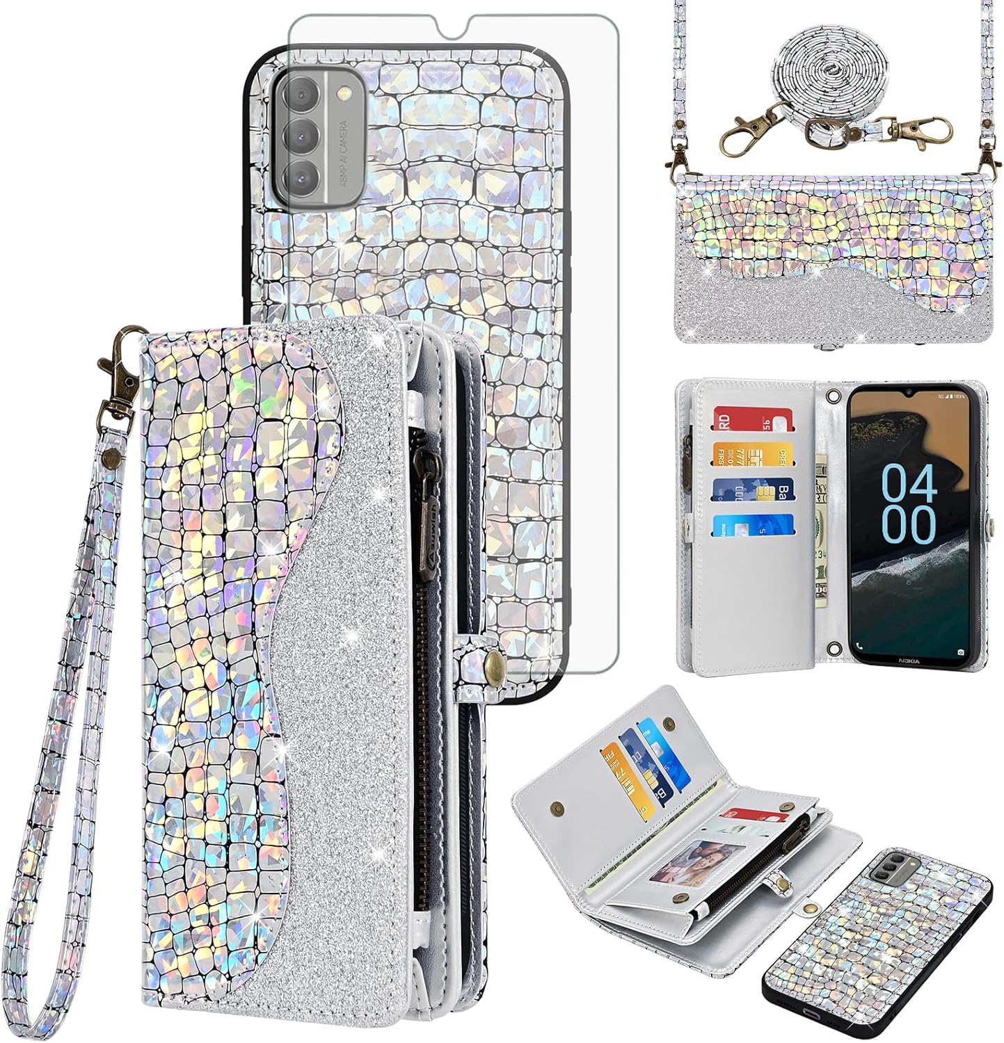 Asuwish Phone Case for Nokia G400 5G Zipper Wallet Detachable with Tempered Glass Screen Protector Cover and Card Holder Slot Wrist Strap Cell Accessories Purse Folio G 400 400G 2022 Women Men Silver