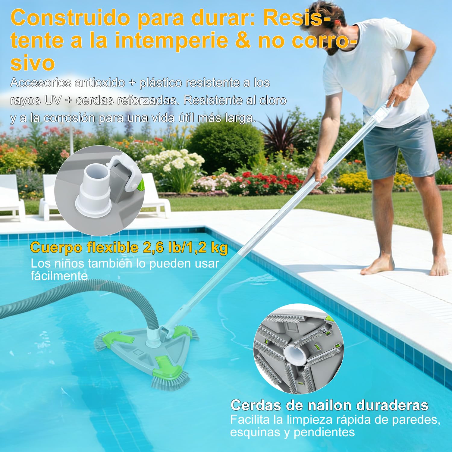 Cepillo Piscina con Conexión de Aspiración 35cm Triangular, Cepillo Aspirador Piscina con Cepillos Laterales, Cabezal Aspirador Piscina para Manguera 32/38mm, Limpiafondos Piscina para Piscinas