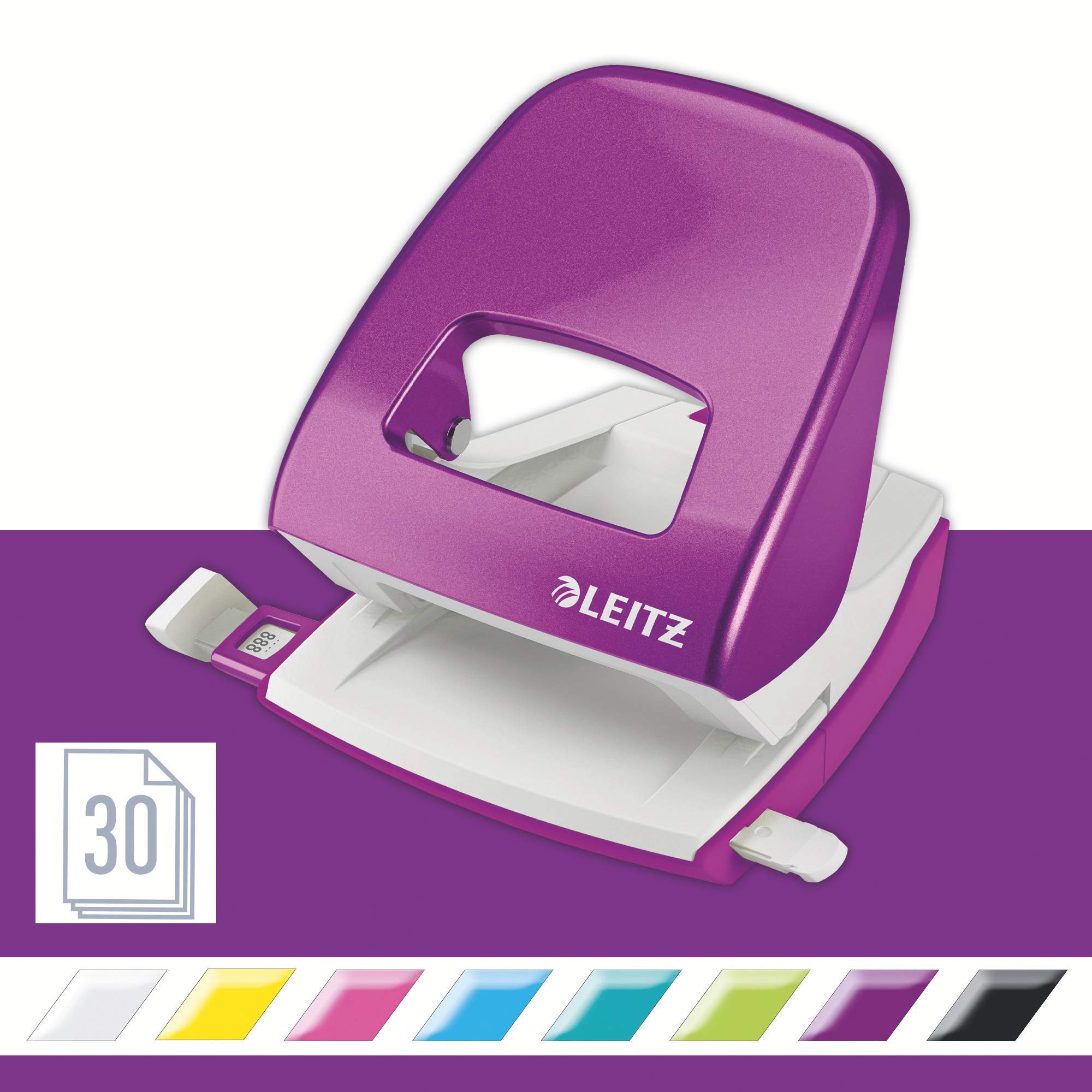 Leitz Büro Locher + Heftgerät, Für 30 Blatt, Anschlagschiene mit Formatvorgaben, Tacker mit 200 Heftklammern, Ergonomisches Design, Violett, WOW-Serie, 50081062 + 55021062