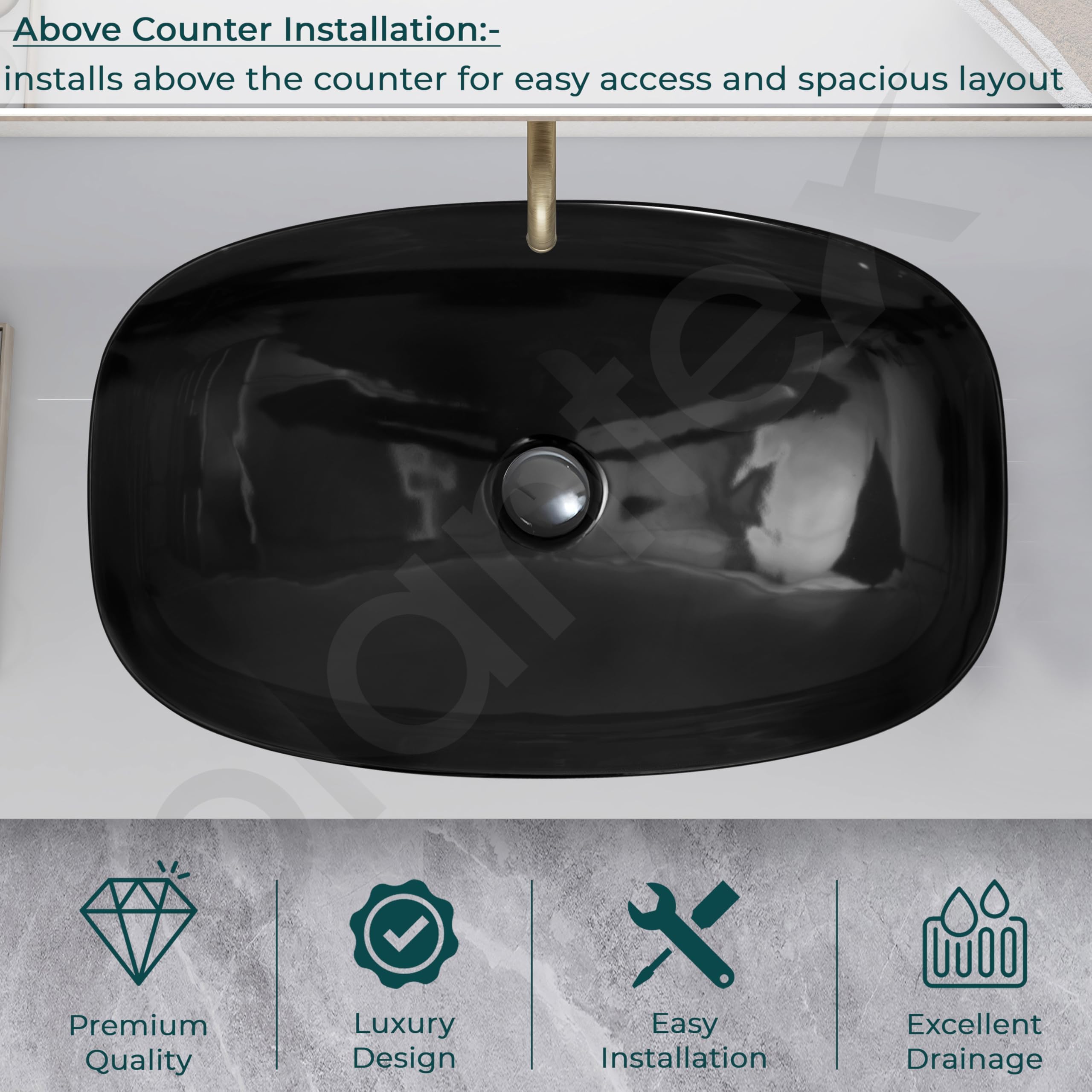 Plantex Ceramic Table Top Washbasin For Bathroom/Hand Wash Sink/Rectangle Countertop Vessel Sink Basin For Home/Office/Hotel (Black - 23.5 X 15 X 5 Inch) 3