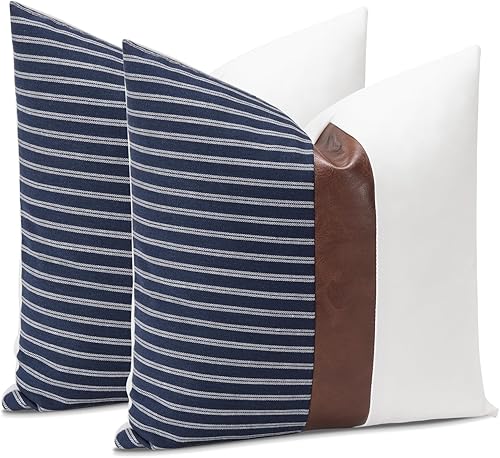 OTOSTAR Paquete de 2 fundas de almohada de retazos de piel sintética a rayas de 20 x 20 pulgadas, fundas de almohada decorativas estilo bohemio