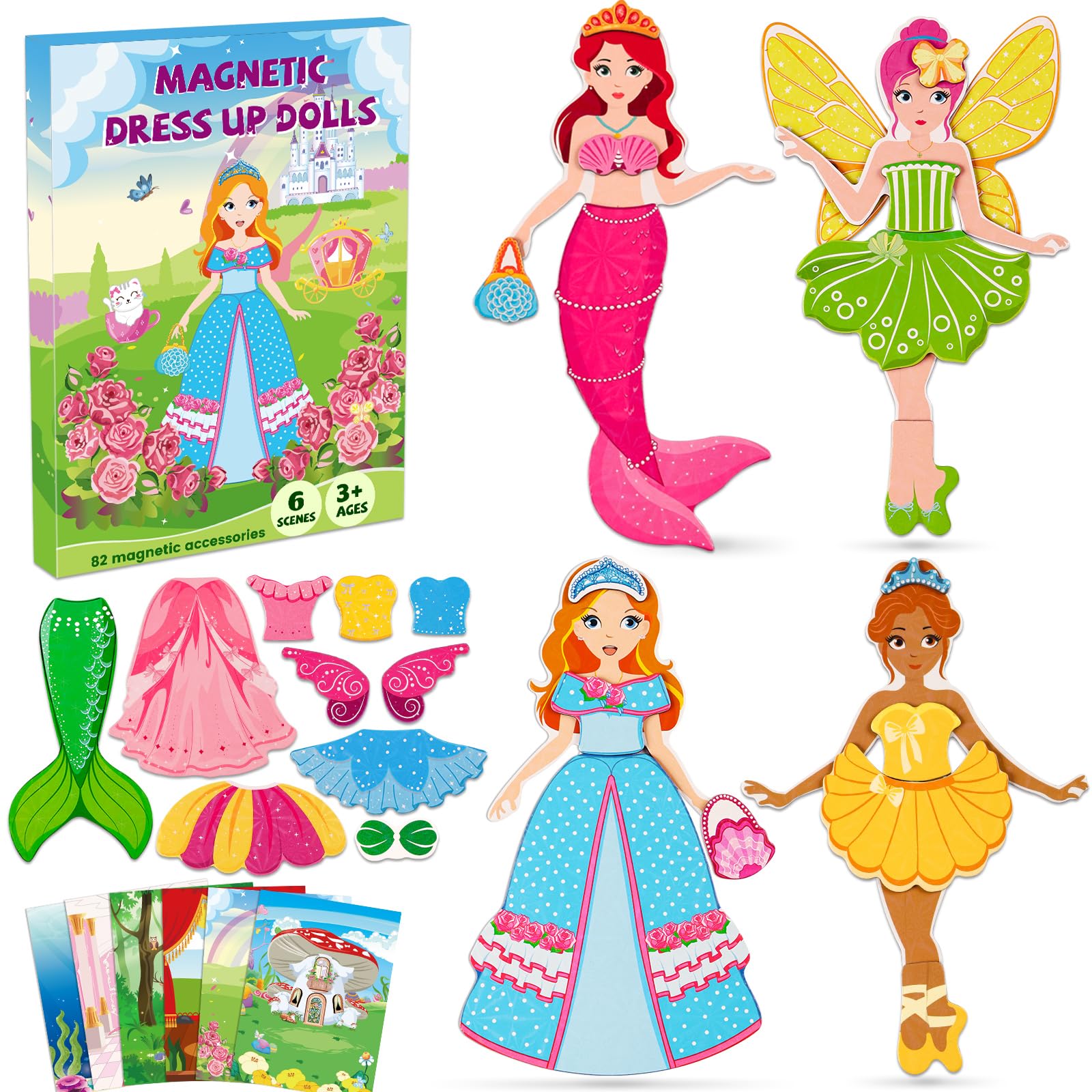 Muñecas magnéticas de vestir para niñas, kits de vestir con 82 piezas magnéticas, bailarina, sirena, juegos de viaje, viajes por carretera, avión, juguetes de actividad para niñas de 3, 4, 5, 6, 7