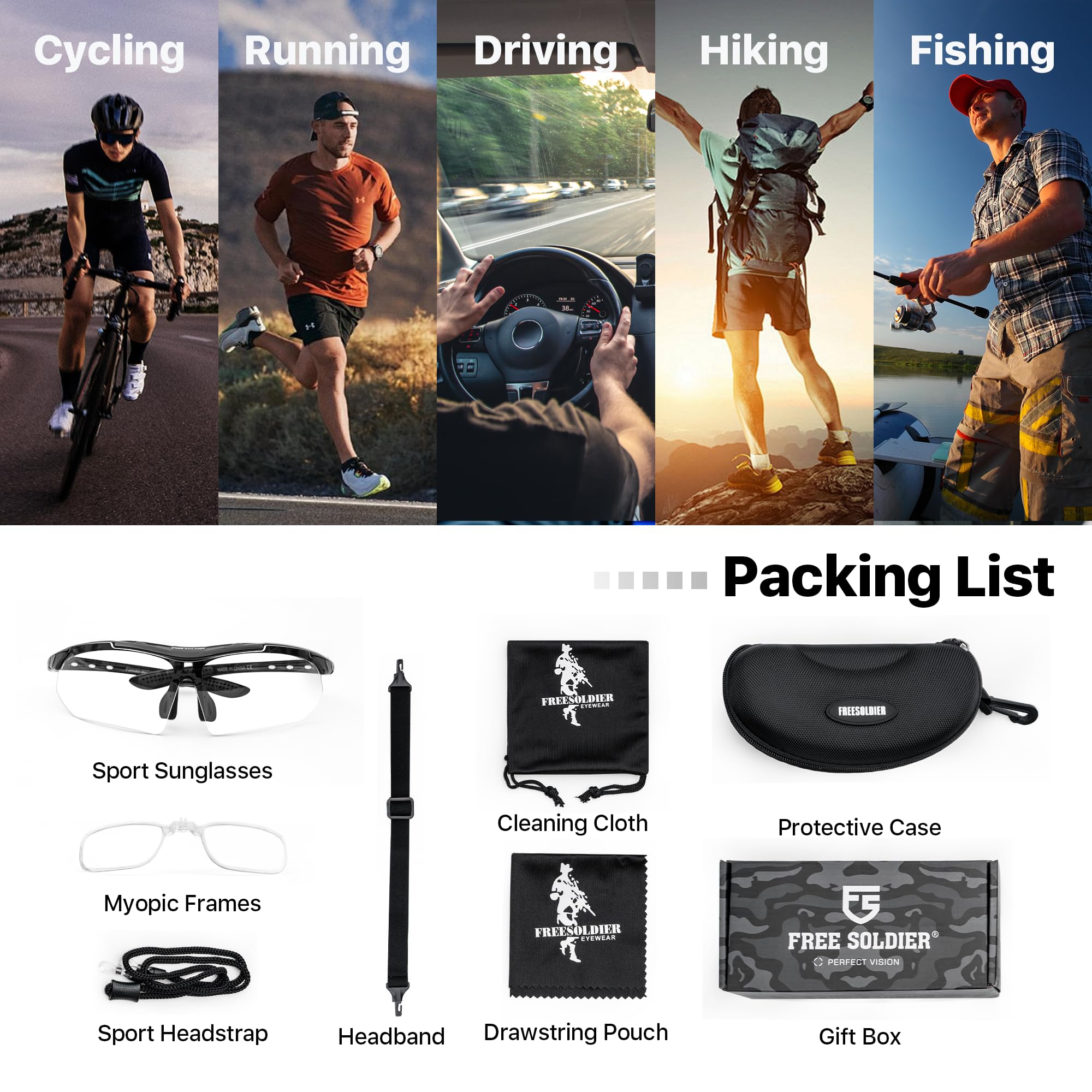 FREE SOLDIER Fotochromatyczne okulary rowerowe, uniseks, sportowe okulary przeciwsłoneczne z ochroną UV400, przezroczyste szkła do jazdy na rowerze, jazdy na rowerze, MTB