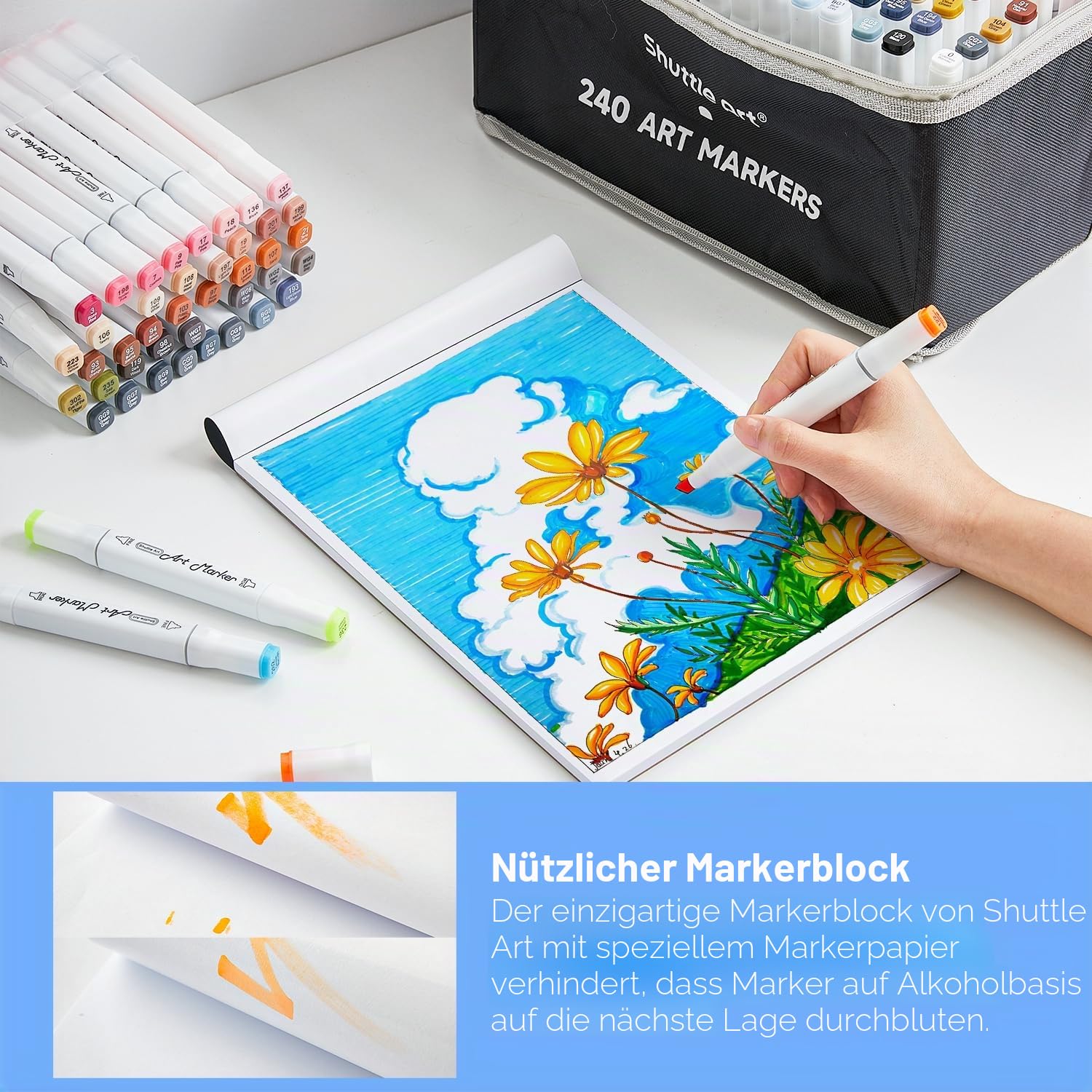Shuttle Art Alkohol Marker Set, 240 bunte doppelseitige Alcohol Marker Stifte Set mit Blender, Markerblock, Etui, Twinmarker Stifte für Kinder, Erwachsene, Alkohol Stifte zum Malen