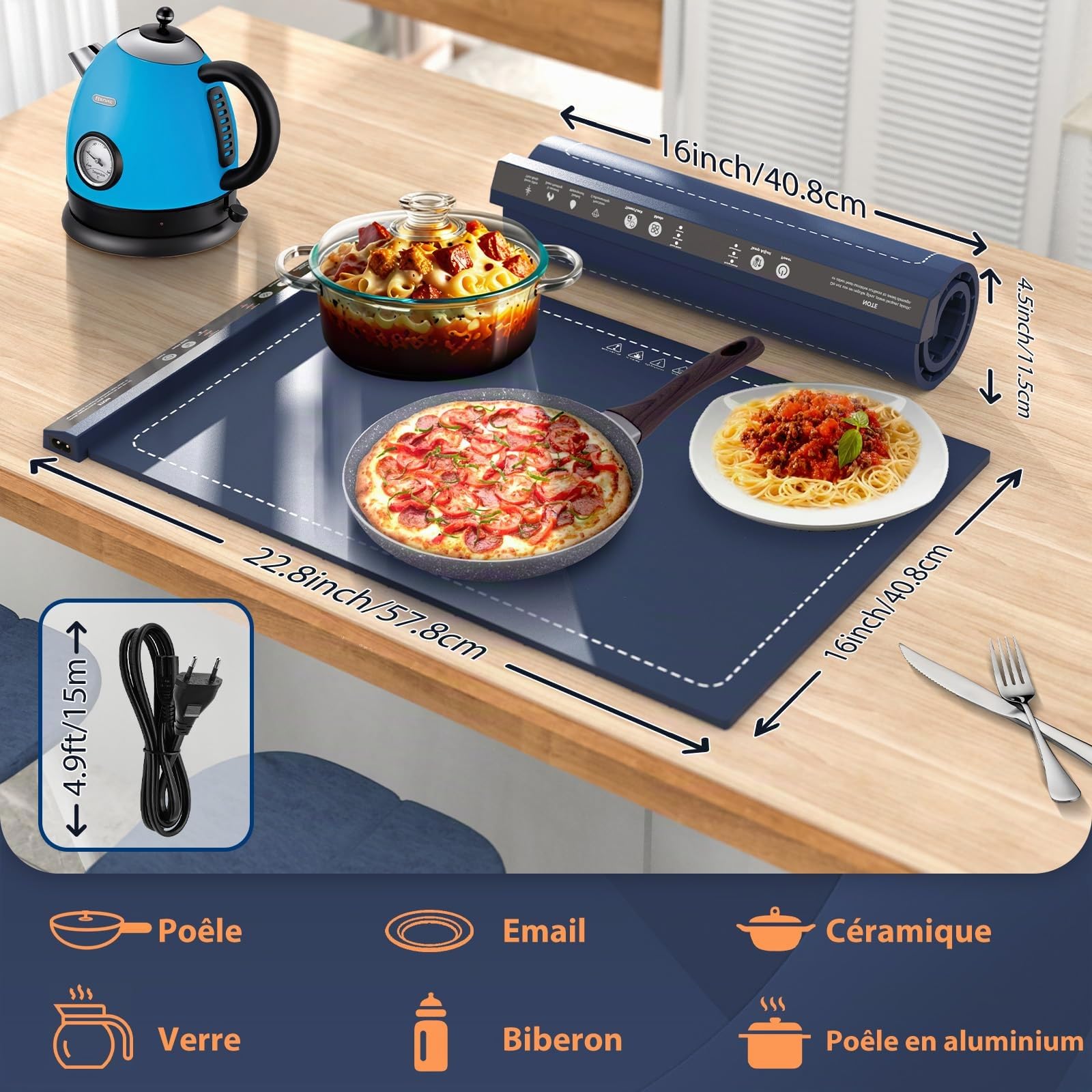 Tapis Chauffant Alimentaire 57x39 cm – Plateau Chauffant en Silicone avec 8 Niveaux de Température, Minuterie, Pliable pour Buffet, Fête, Pique-nique, Camping