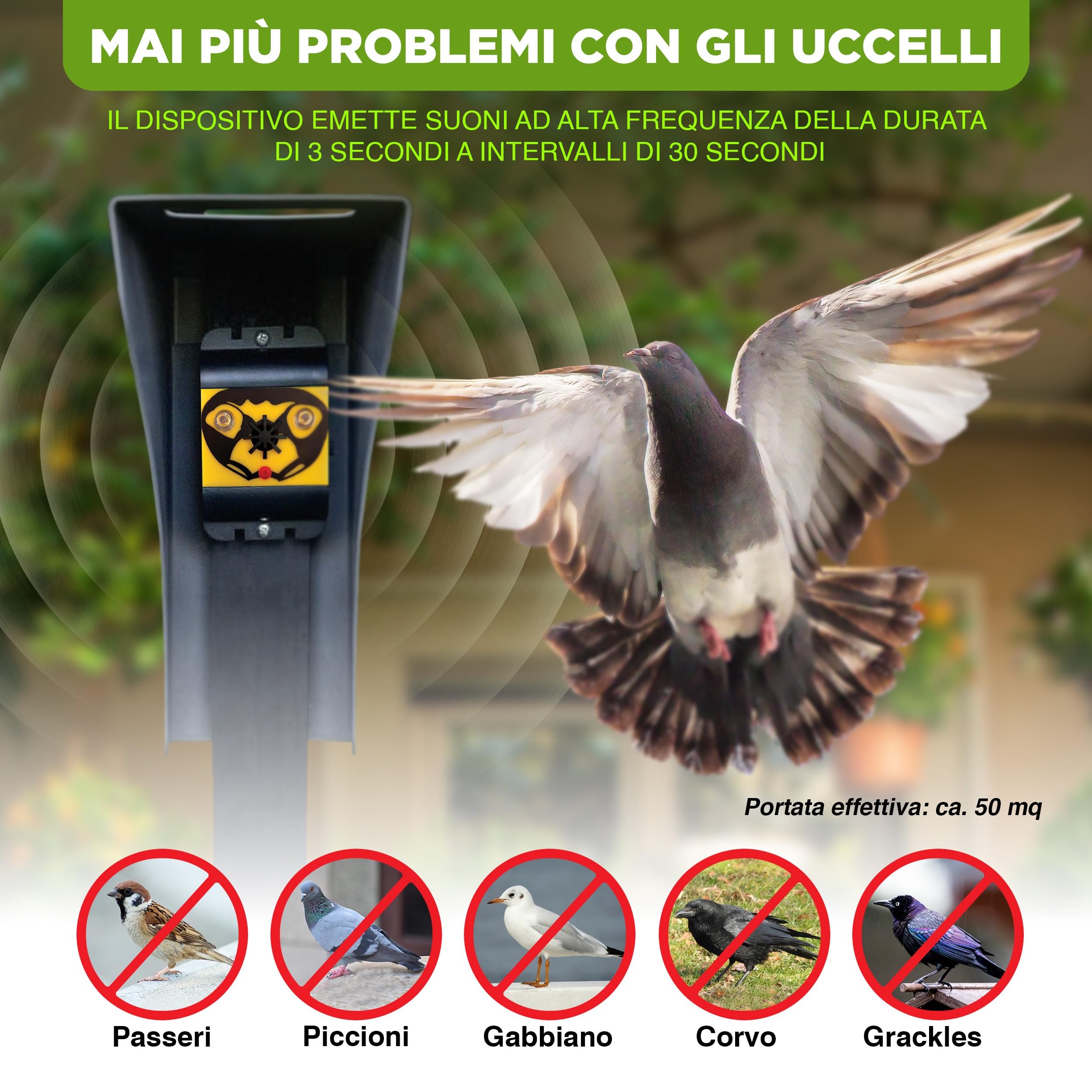 ISOTRONIC dissuasore uccelli luce lampeggiante ultrasuoni batteria piccioni balconi giardini raggio 40m² 2 unità efficace esterno protezione difesa stop volatili ecologico mobile sicurezza casa