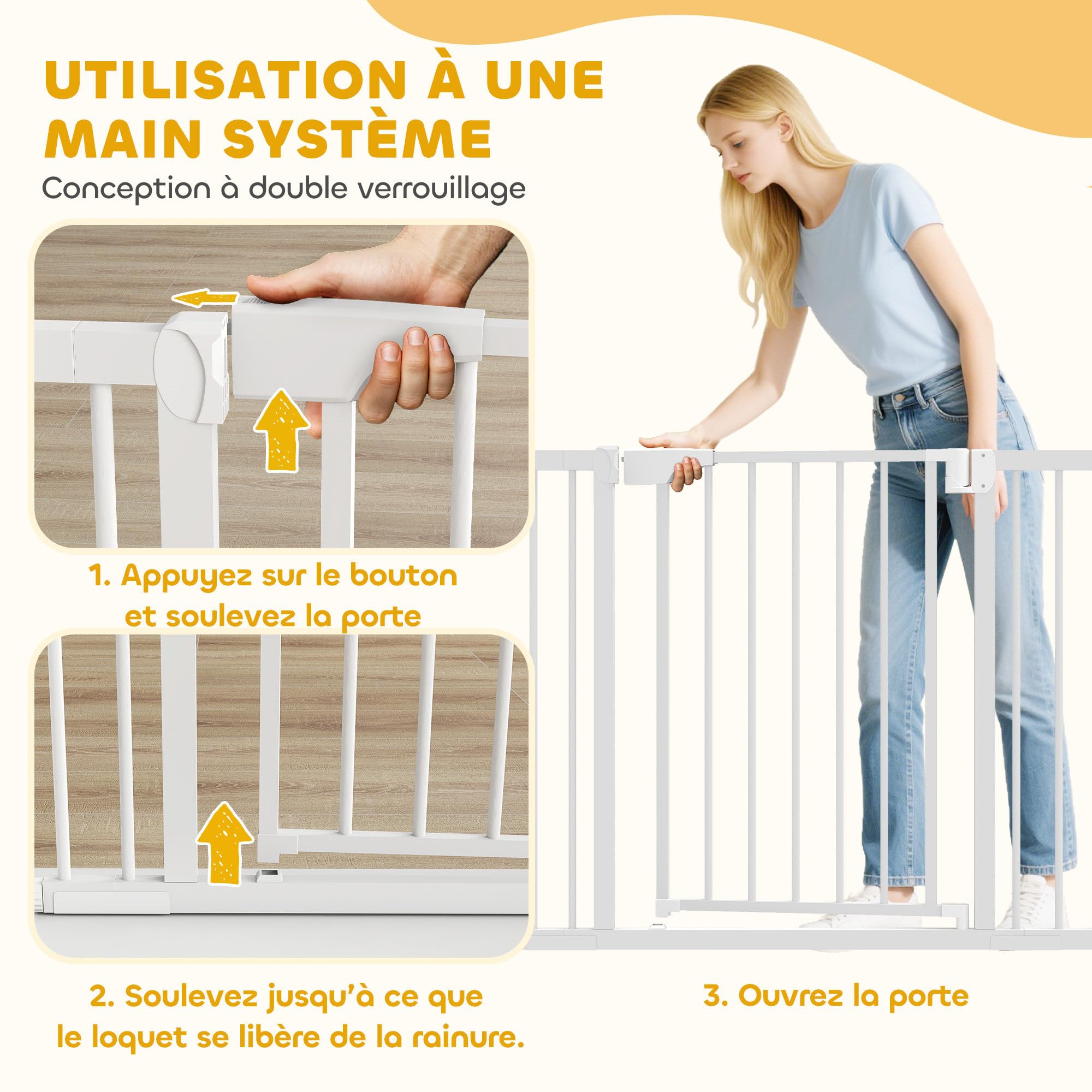 PawHut Barrière de sécurité bébé Enfant en Acier - 76-102 cm barrière d'escalier avec Extensions, sans perçage - Fixation par Pression, Fermeture Auto et Ouverture d'une Main - Blanc