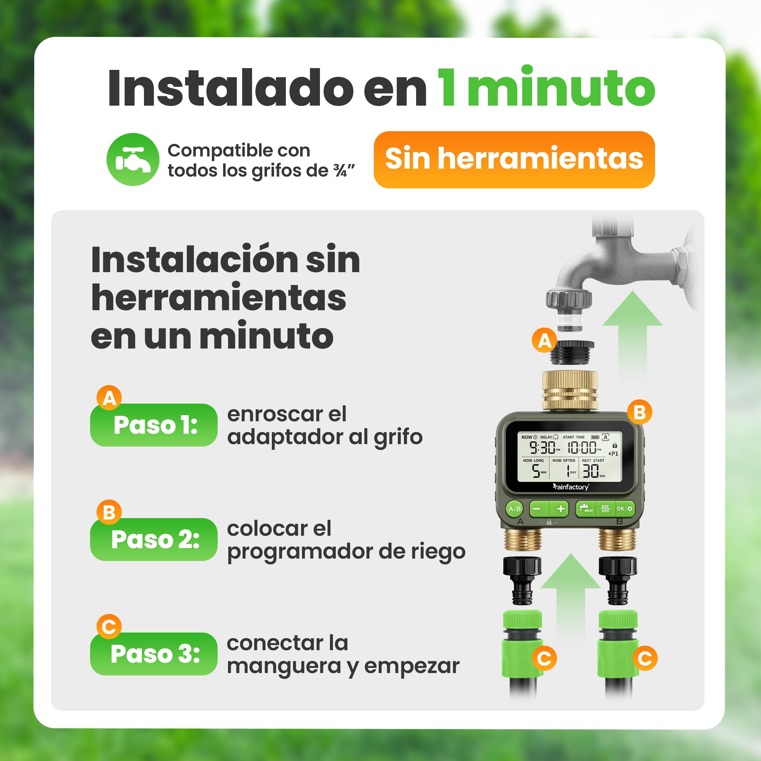 rainfactory - Programador de riego automático 2 Salidas, Temporizador riego a Pilas IP65 con Pantalla LCD, 4 programas, Manual, función delay, conexión ¾ para jardín, balcón, macetas y riego Goteo