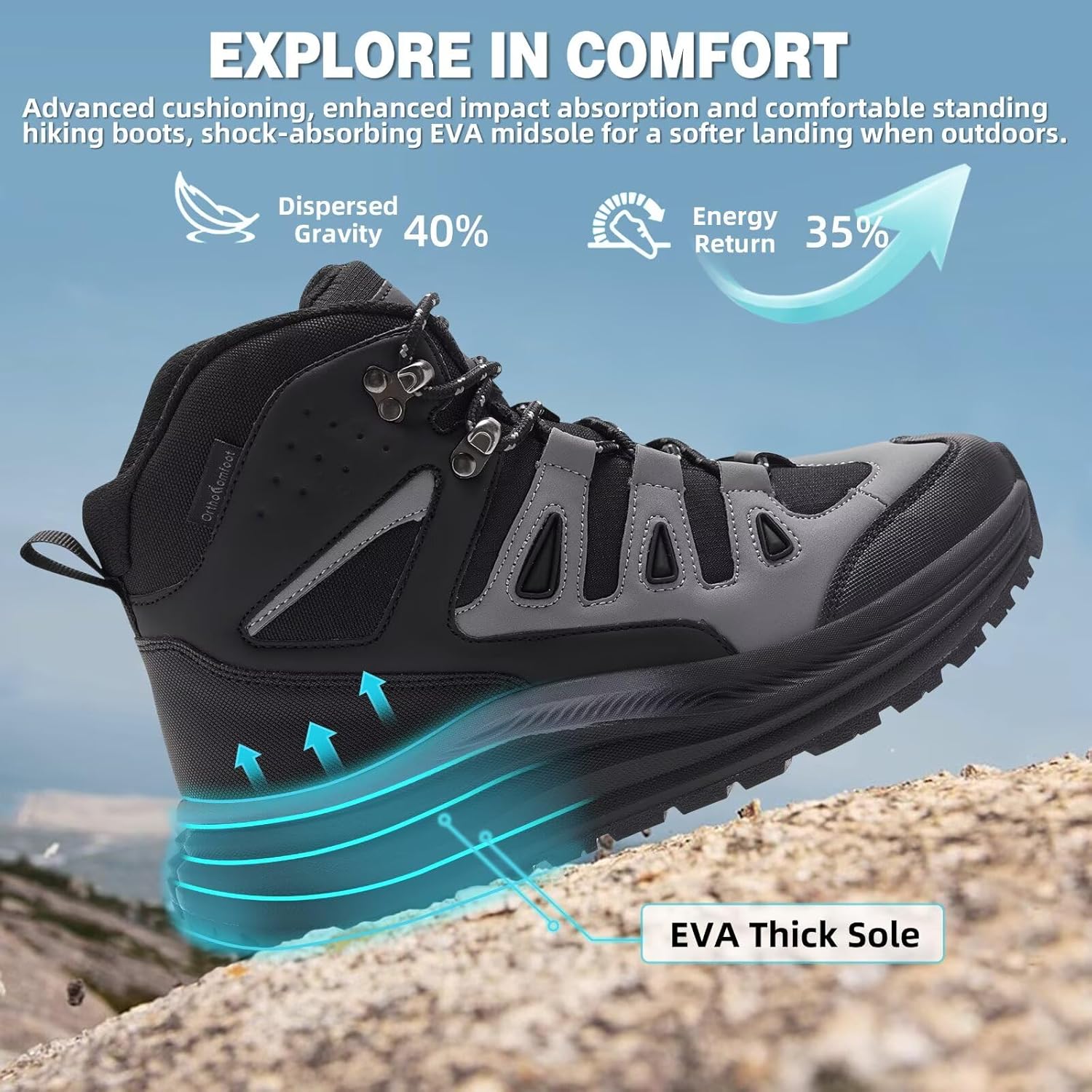 Men's Orthopedic Wide Mid Trekking Hiking Boots: Comfortable Plantar Fasciitis Ankle Support Work Walking Shoes, Orthotic Casual Sport Gym Cross Training Trail Sneakers for Foot Heel Pain Relief - Image 2