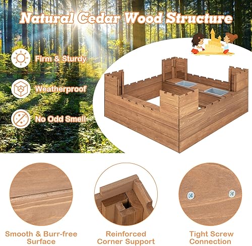 Miniatura 3 de HONEY JOY Caja de arena para niños, pozo de arena sin fondo de cedro para patio trasero, 4 banderas rojas y forro inferior, banco lateral y 2 cajas,