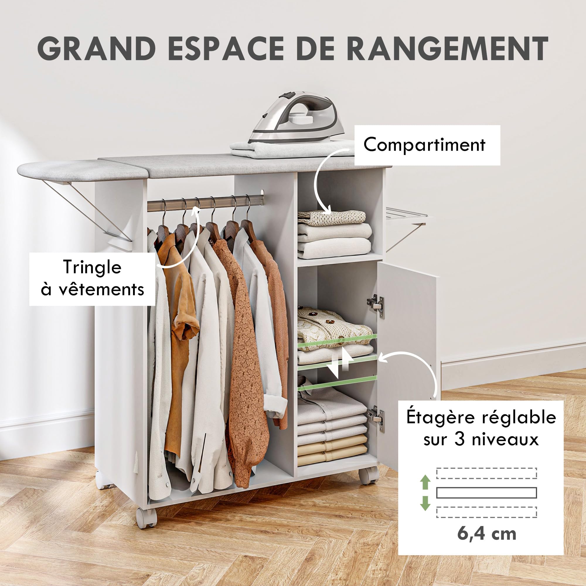 HOMCOM Meuble à Repasser sur roulettes 127 x 42,5 x 99 cm Blanc | Table à Repasser Pliante, Placard à Porte, Étagère Réglable, Barre de Suspension, Compartiment Ouvert et Support Latéral