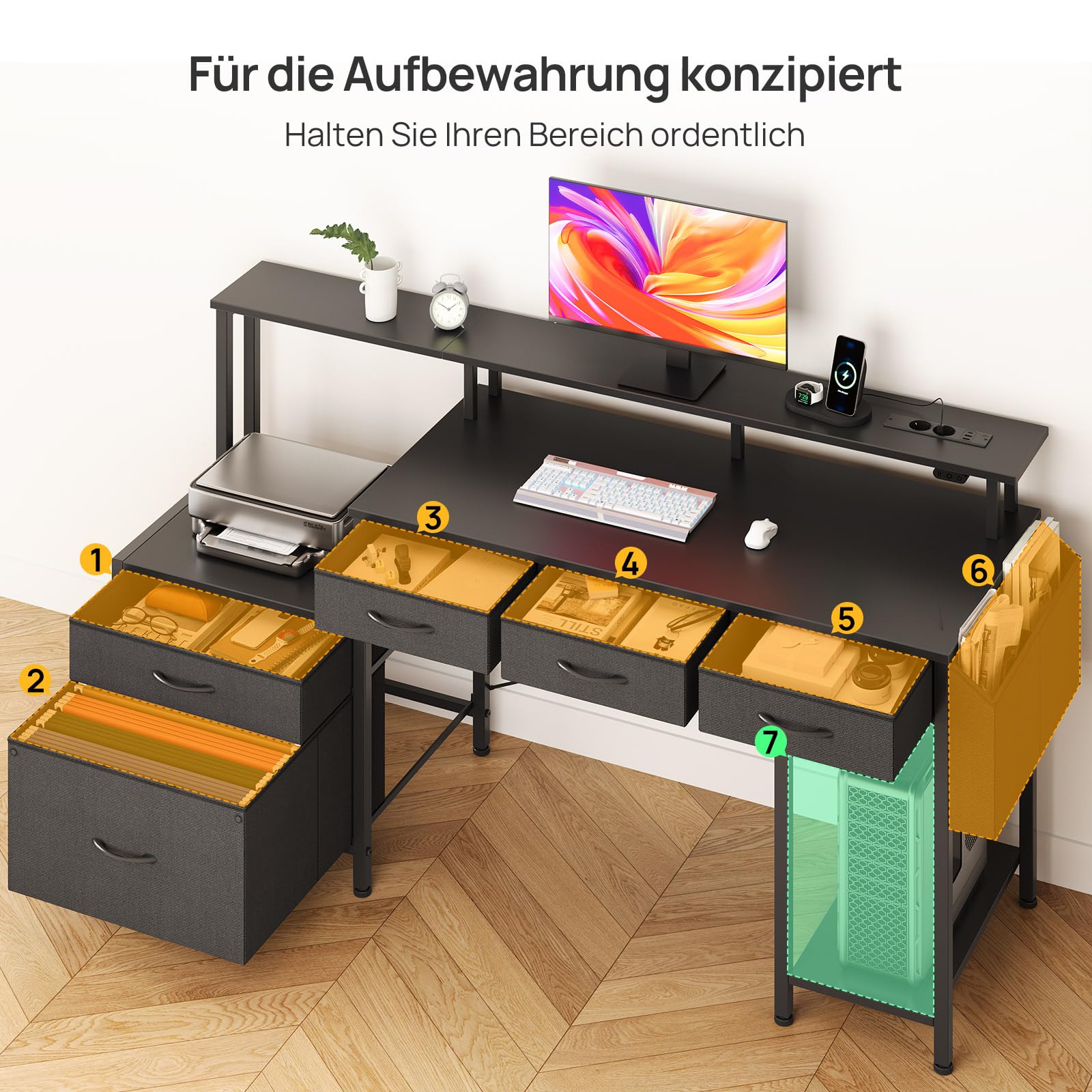 Rolanstar Schreibtisch mit Steckdose, Computertisch mit 5 Schubladen, LED, Aufbewahrungstasche & Monitorständer, Moderner Eckschreibtisch für Homeoffice & Gaming (Schwarz)