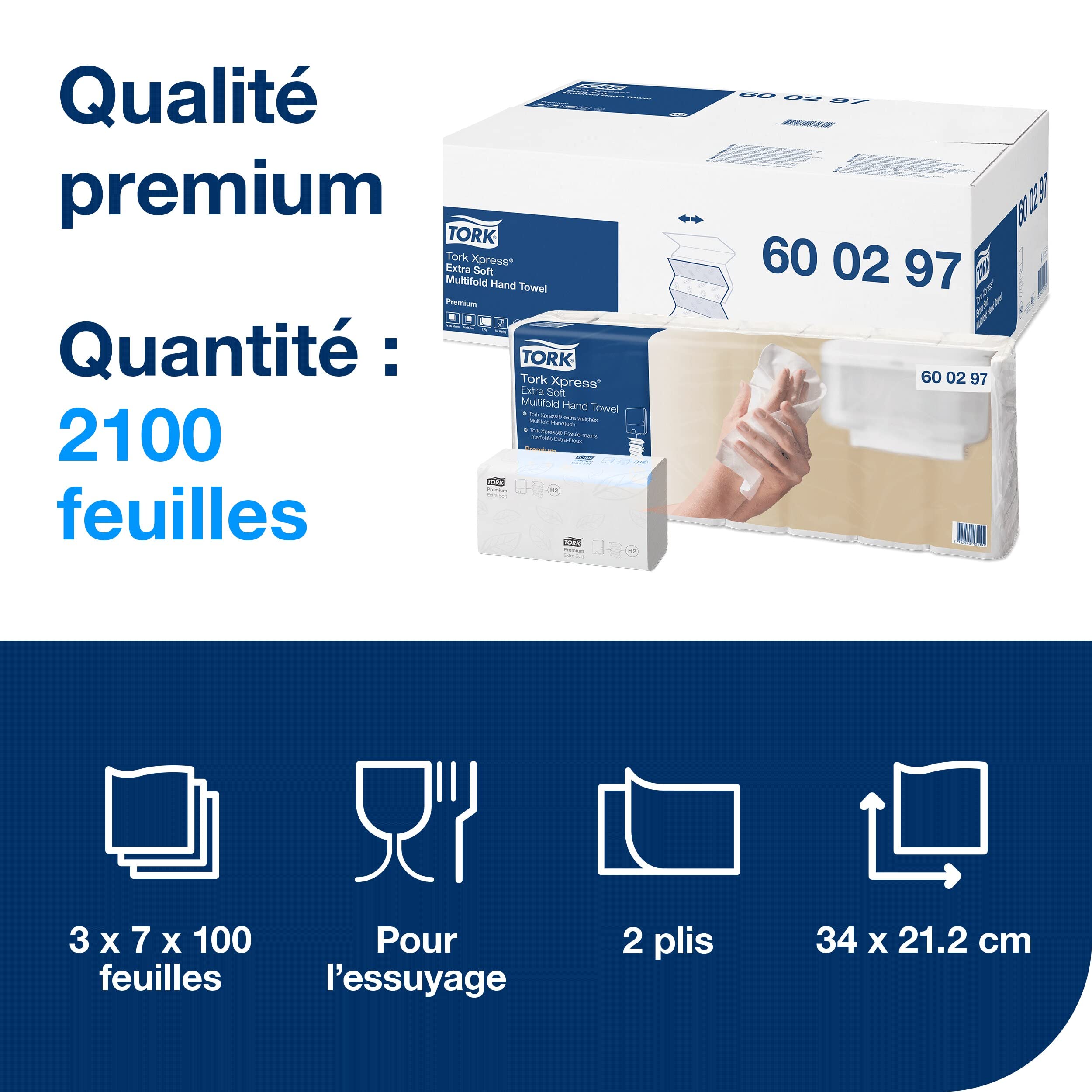 Tork Xpress Essuie-mains interfoliés blancs H2, extra-doux, 21 x 100 feuilles, 600297