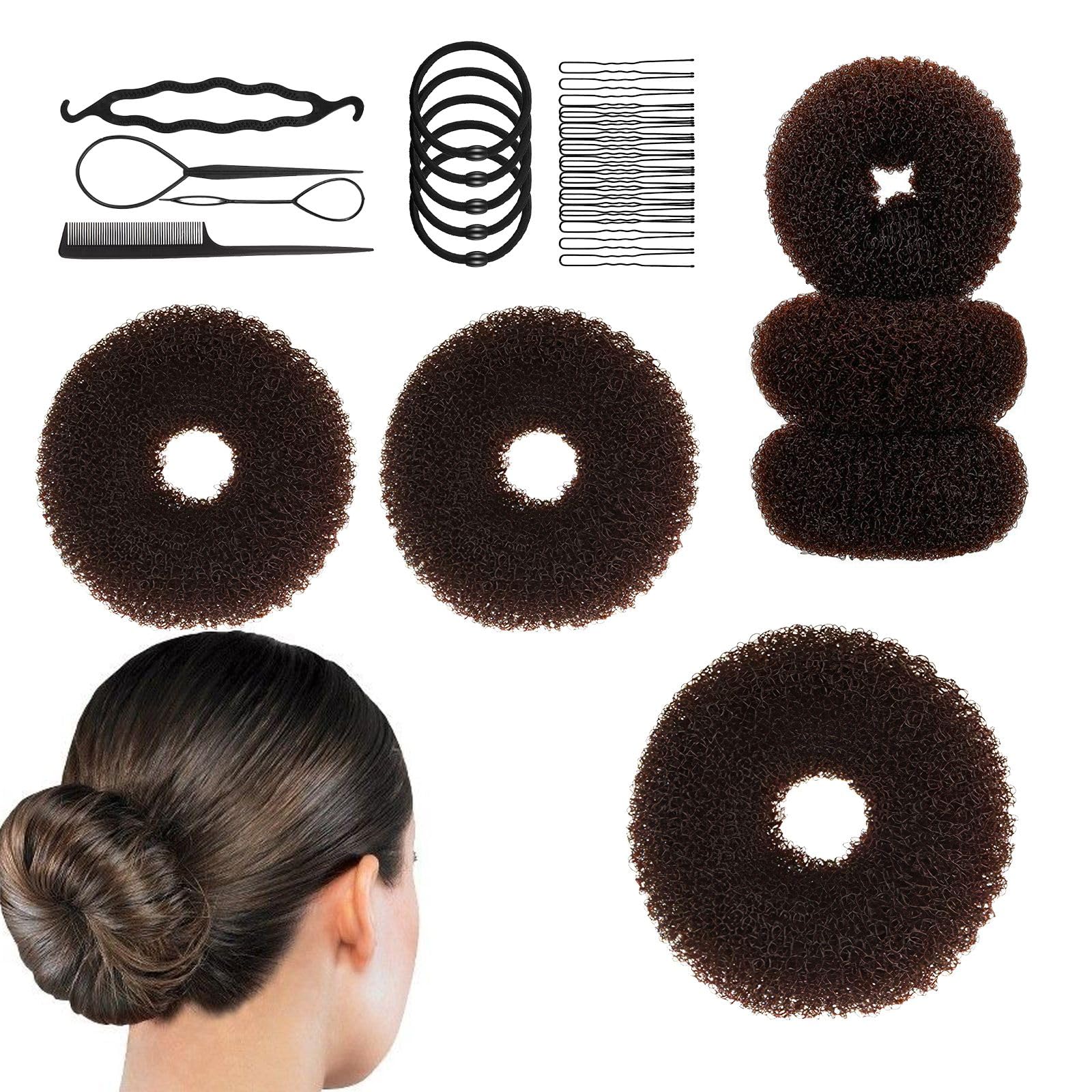Hair Bun Maker Set - 6 PCS Ring Style Donuts (1 L, 2 M, 3 S), Shaper, 20 Pins, 5 Elastics, 4 Pony Tools for Women & Girls (Dark Brown)