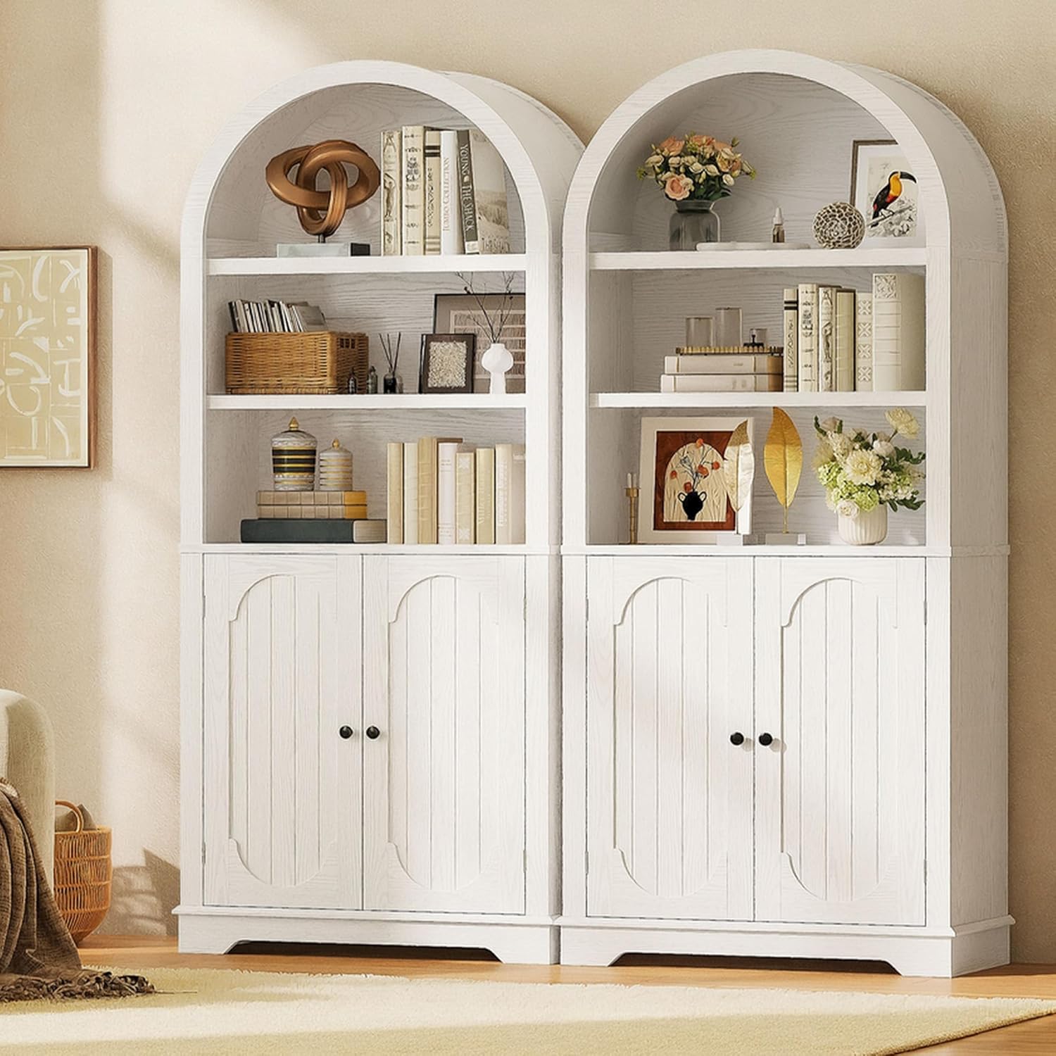 IRONCK 71" Tall Arched Kitchen Pantry Cabinet, Modern Kitchens Storage Cabinet with Open & Adjustable Shelves, Freestanding Cupboard for Living Room, Dining Room, White