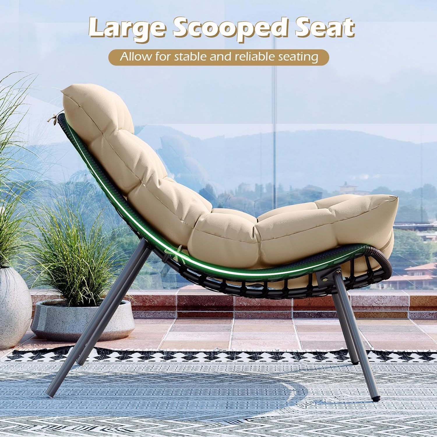 Tangkula 3 Pieces Patio Furniture Set, Outdoor Rattan Wicker Bistro Conversation Set with Cushioned Papasan Chairs and Tempered Glass Coffee Table for Porch, Balcony, Deck and Garden