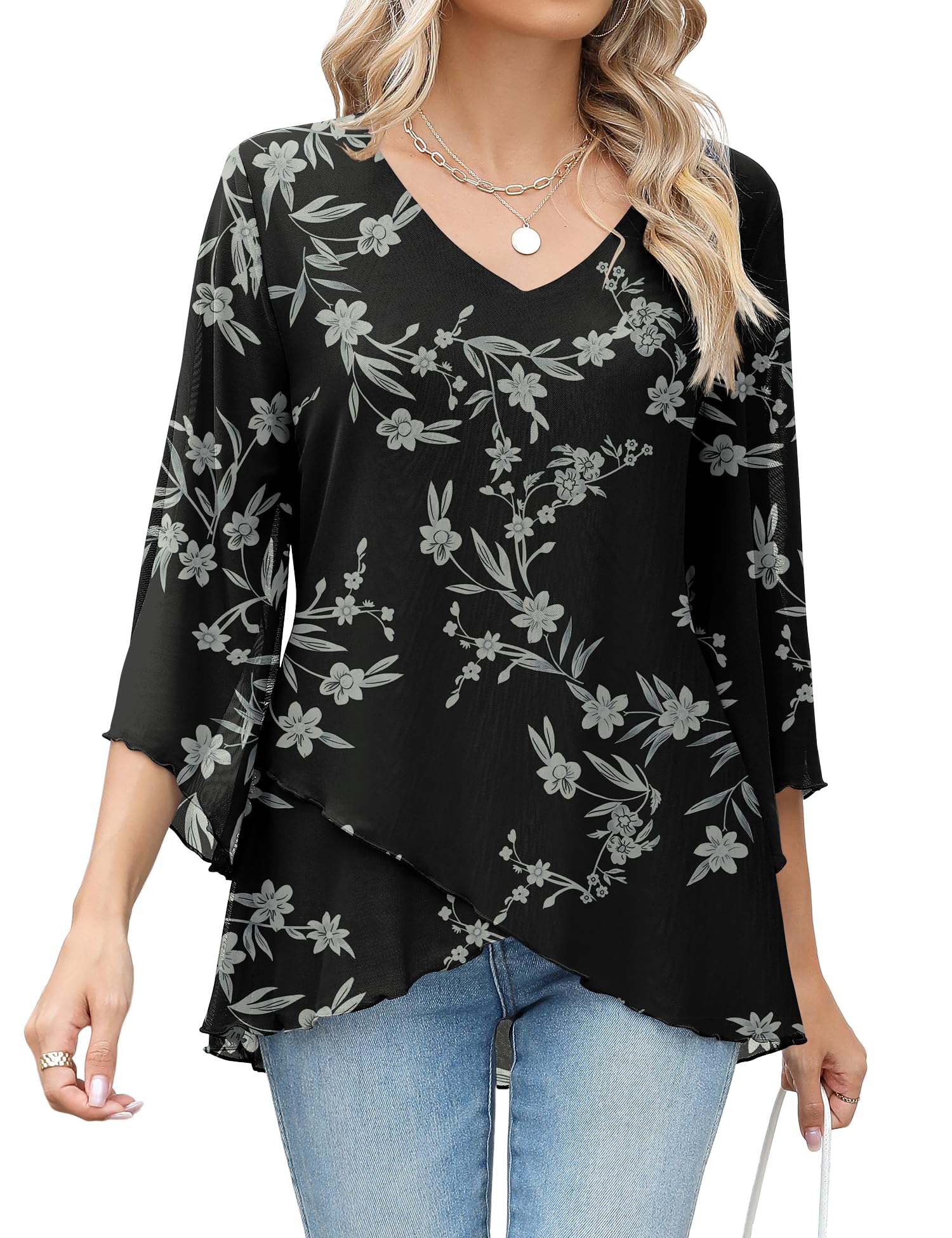 iWoo Blusa de gasa para mujer, cuello en V, túnica de verano, manga larga, elegante, fluida, ligera, de doble capa, camiseta larga
