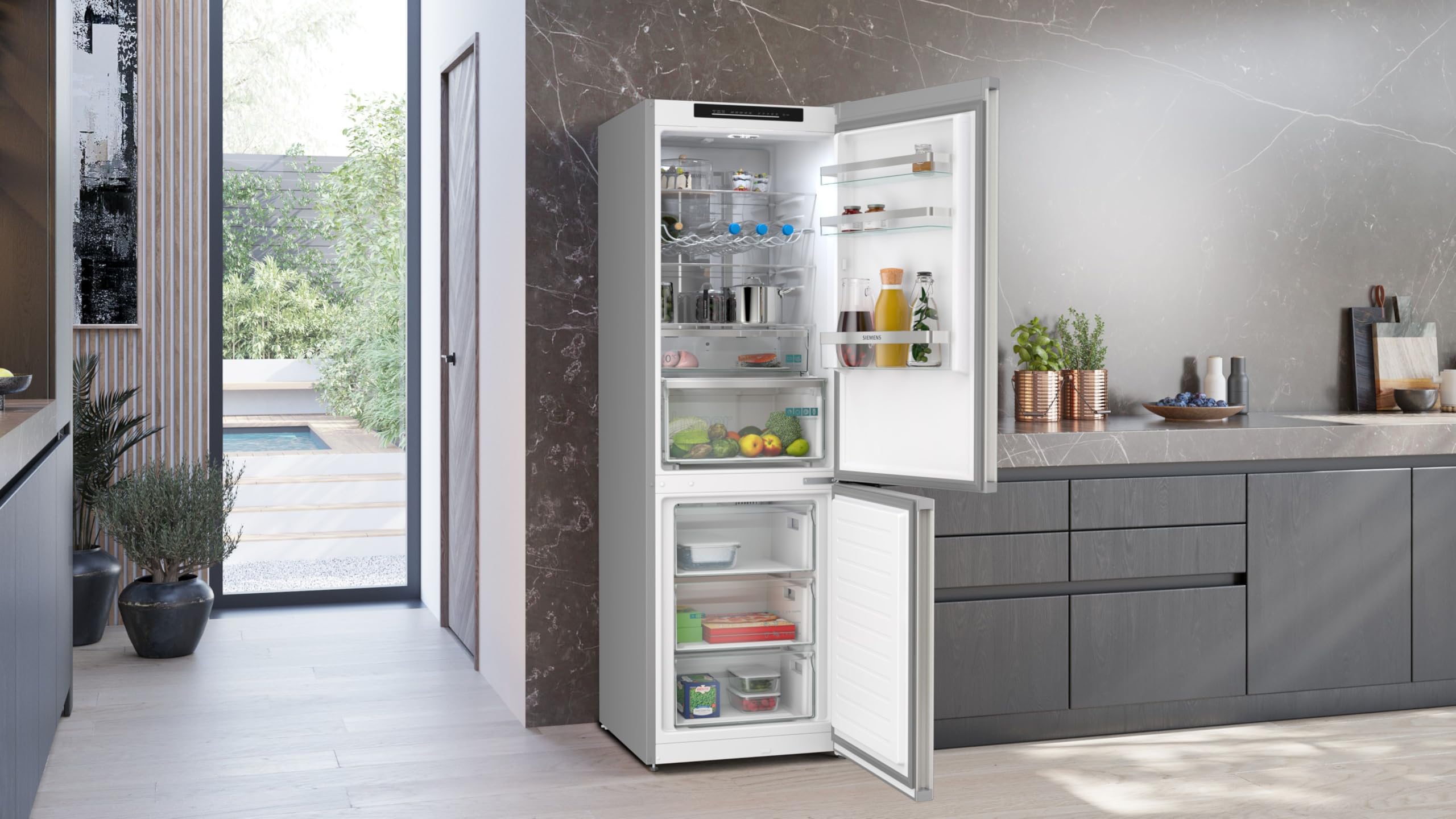 Siemens iQ300 Freistehende Kühl-Gefrier-Kombination 186 x 60 cm, KG36NVIBG, 218 L Kühlen & 103 L Gefrieren, Total noFrost, Nahtlose Platzierung, hyperFresh 0ºC Schublade, antiFingerprint Edelstahl